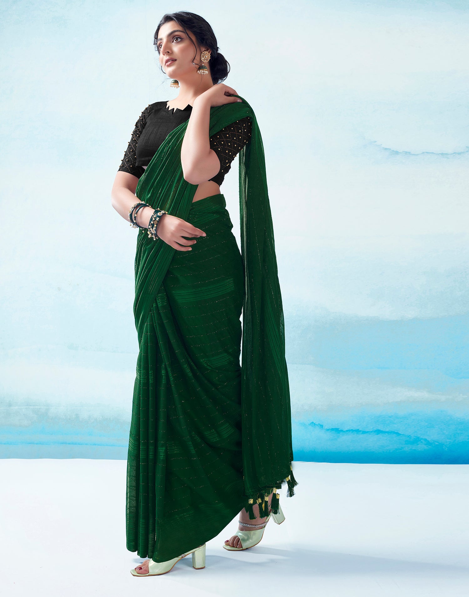 Dark Green Georgette Plain Saree