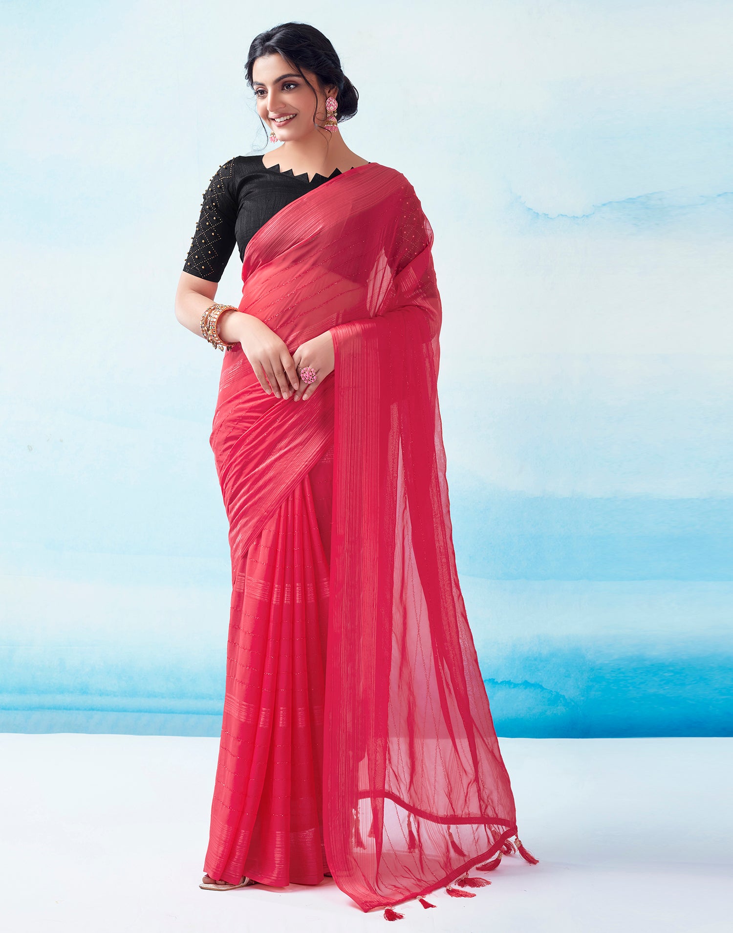 Pink Georgette Plain Saree