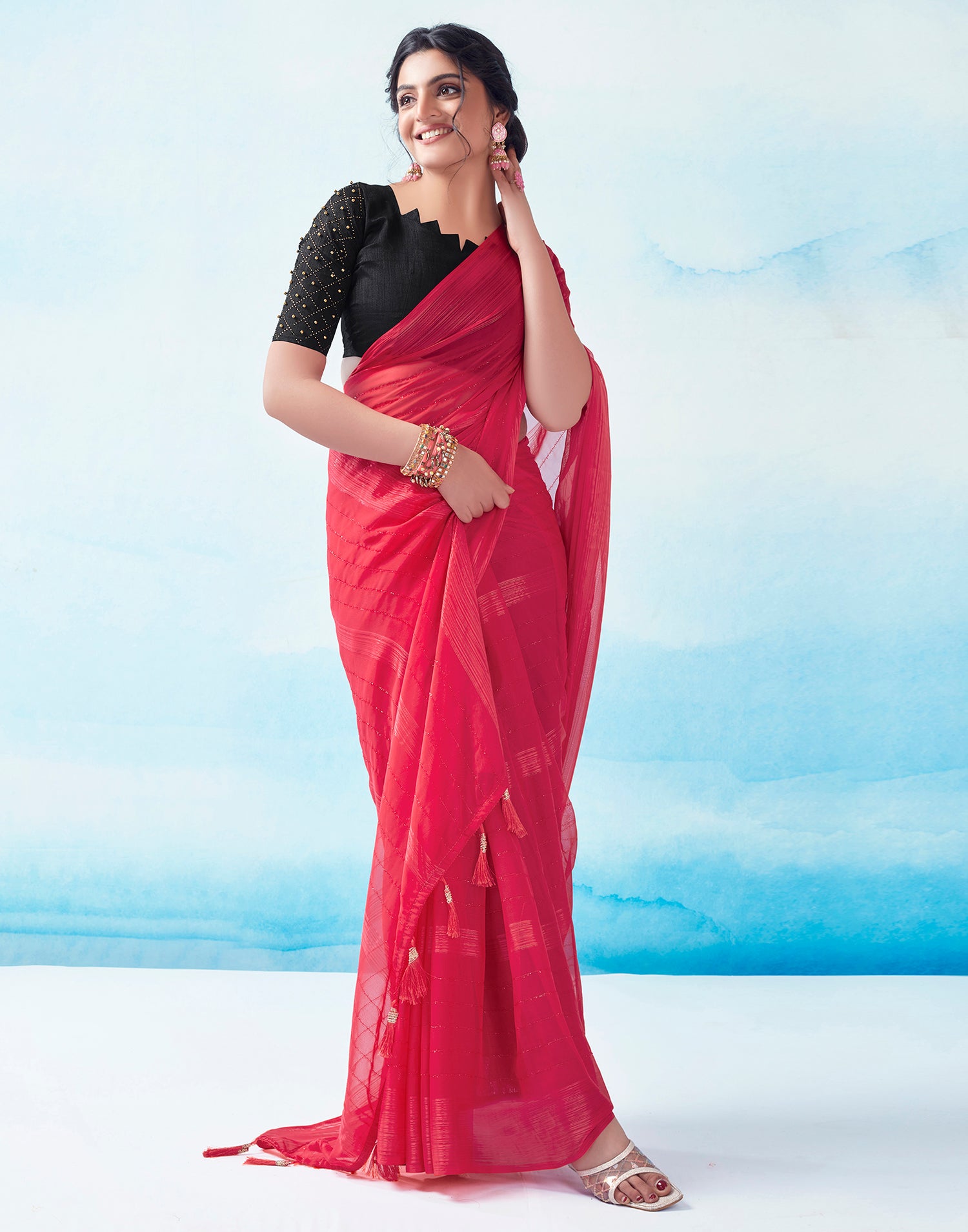 Pink Georgette Plain Saree