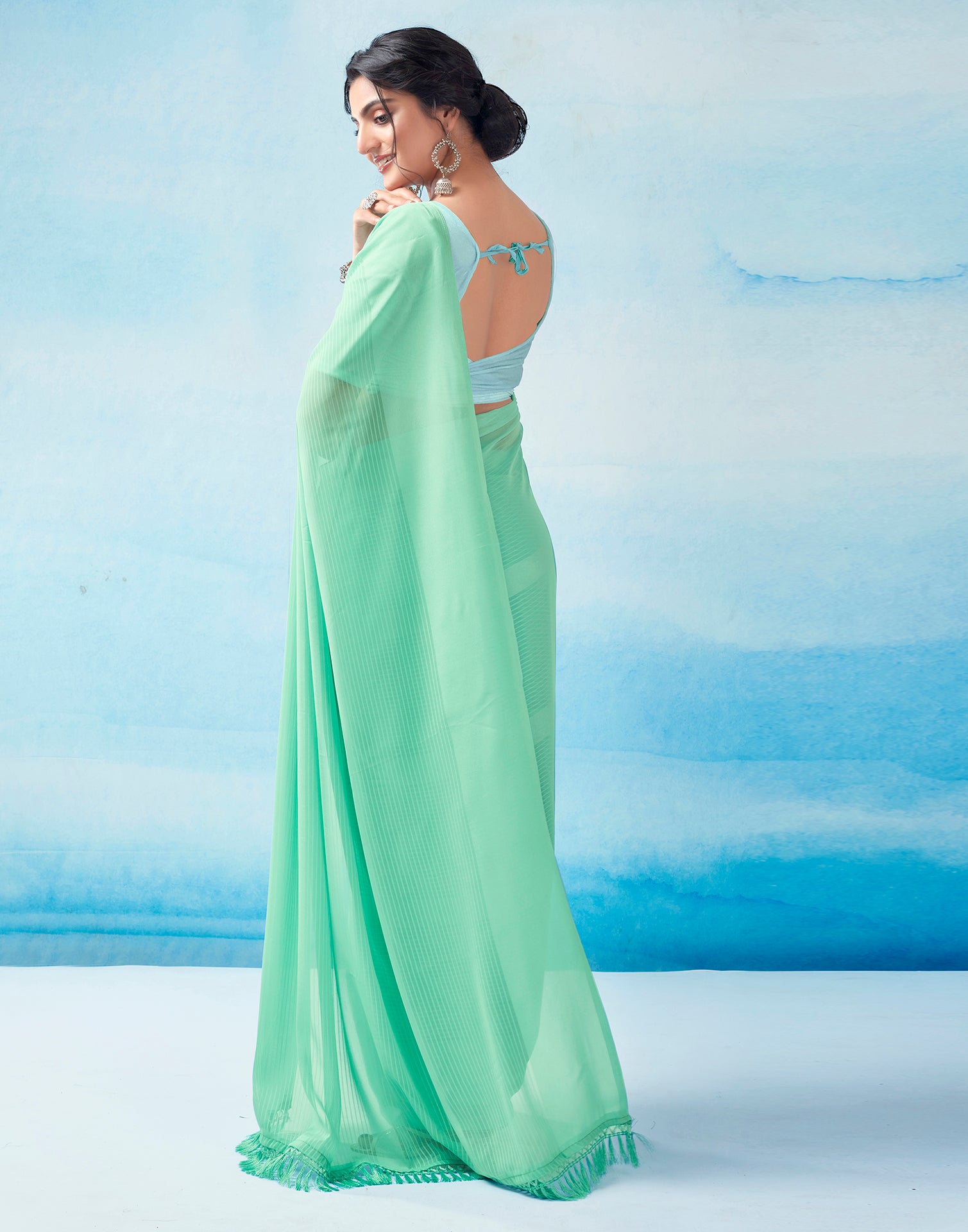 Mint Green Georgette Plain Saree