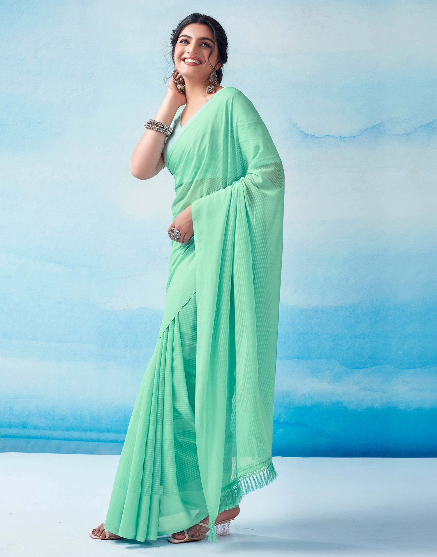 Mint Green Georgette Plain Saree