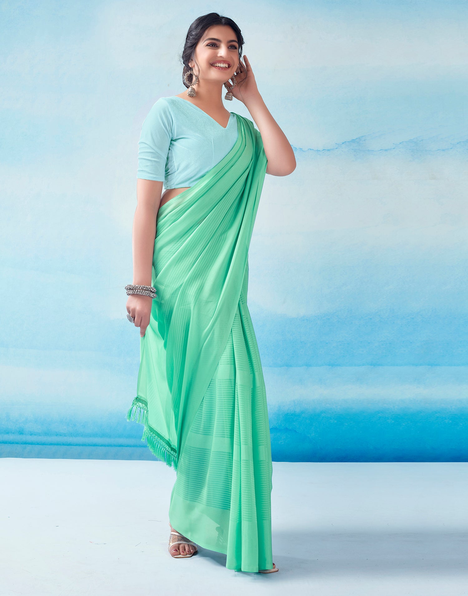 Mint Green Georgette Plain Saree