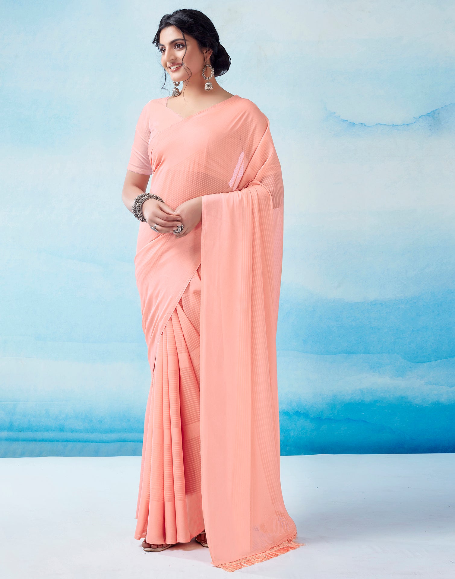 Light Peach Georgette Plain Saree