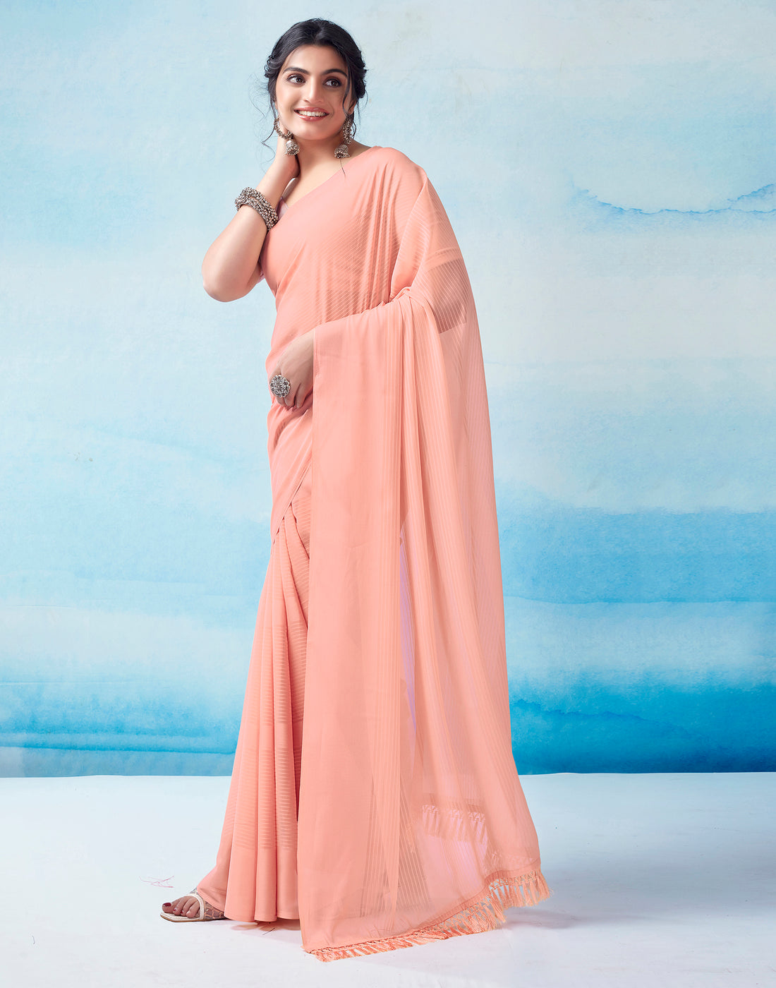 Light Peach Georgette Plain Saree