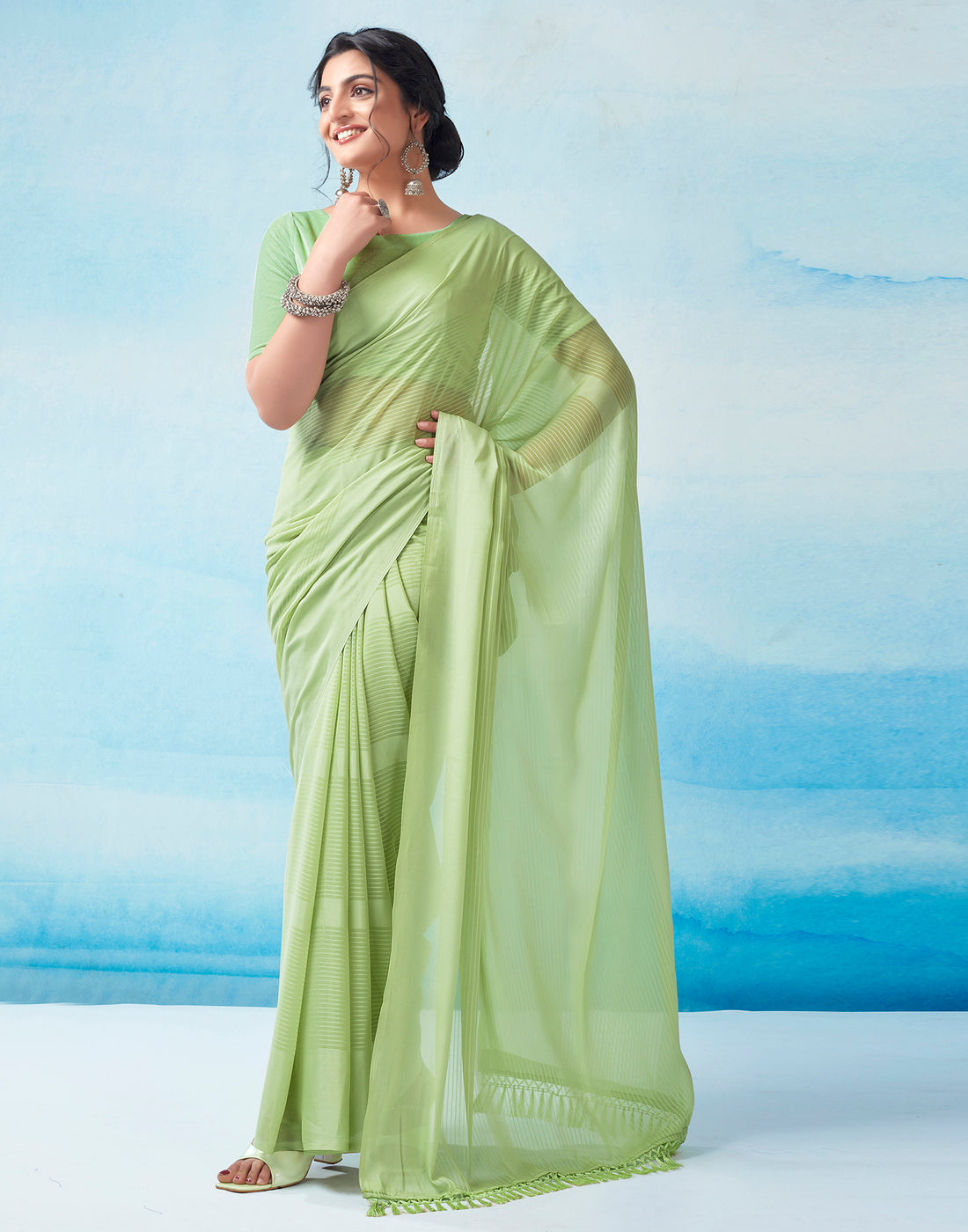 Pista Green Georgette Plain Saree