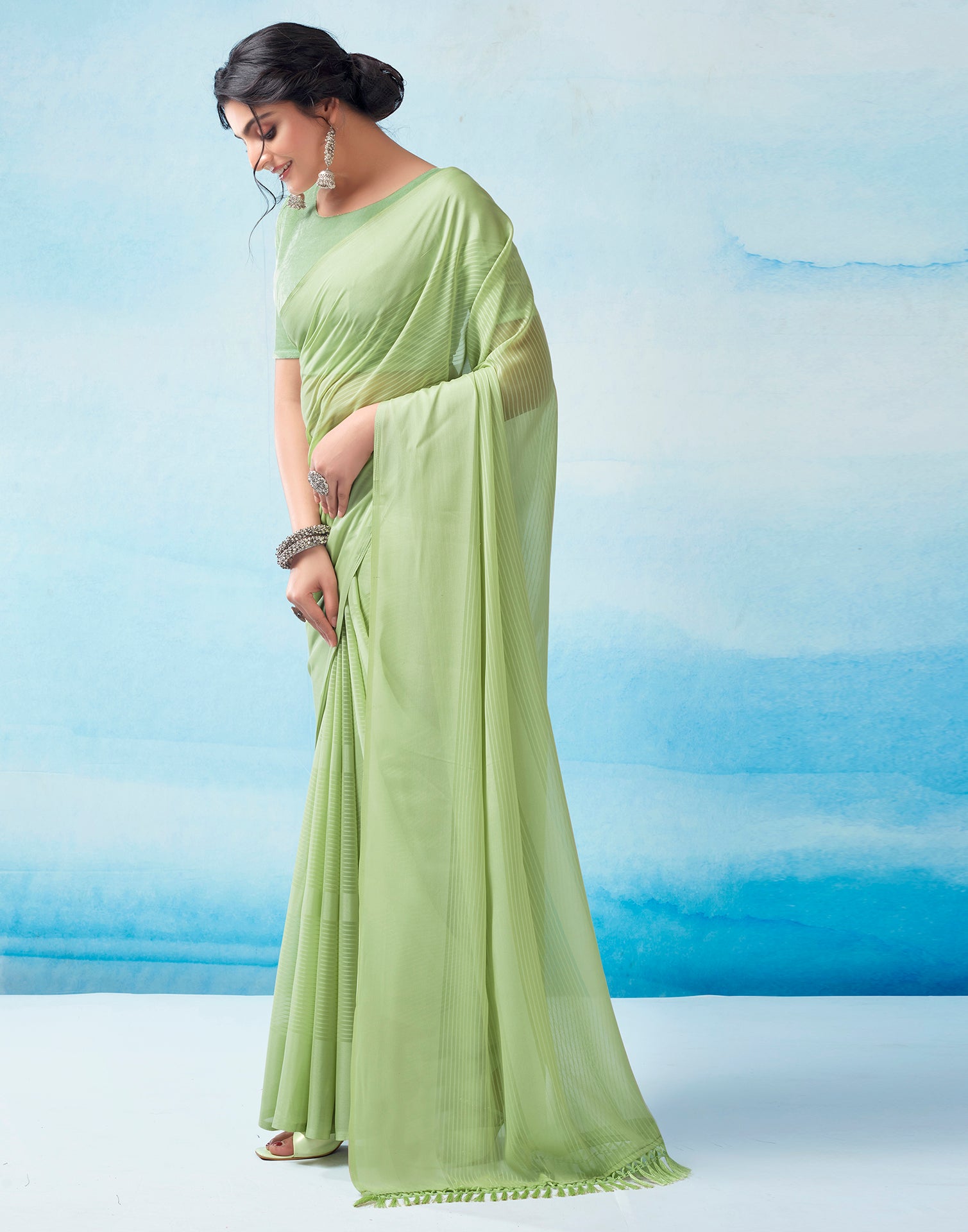 Pista Green Georgette Plain Saree