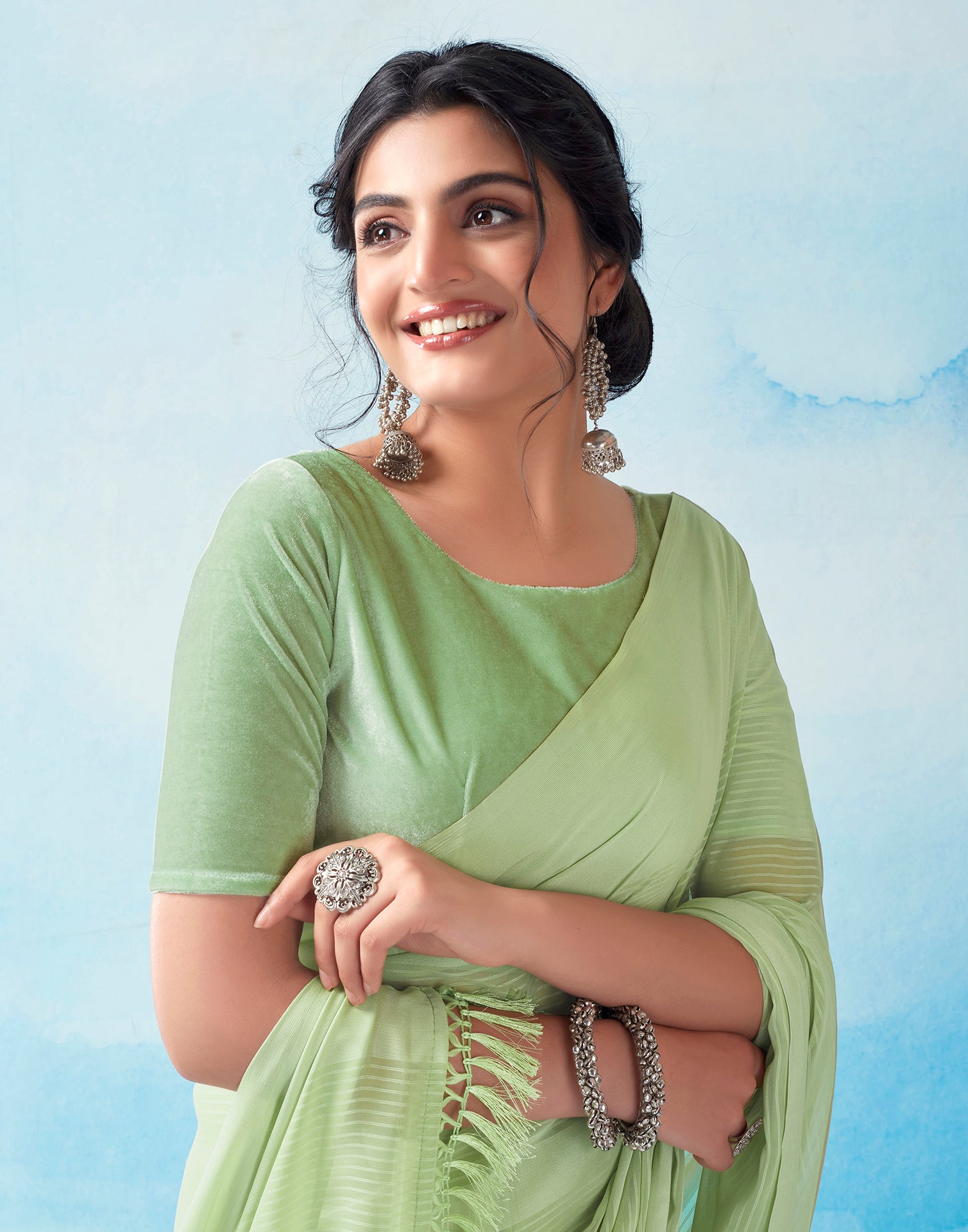 Pista Green Georgette Plain Saree