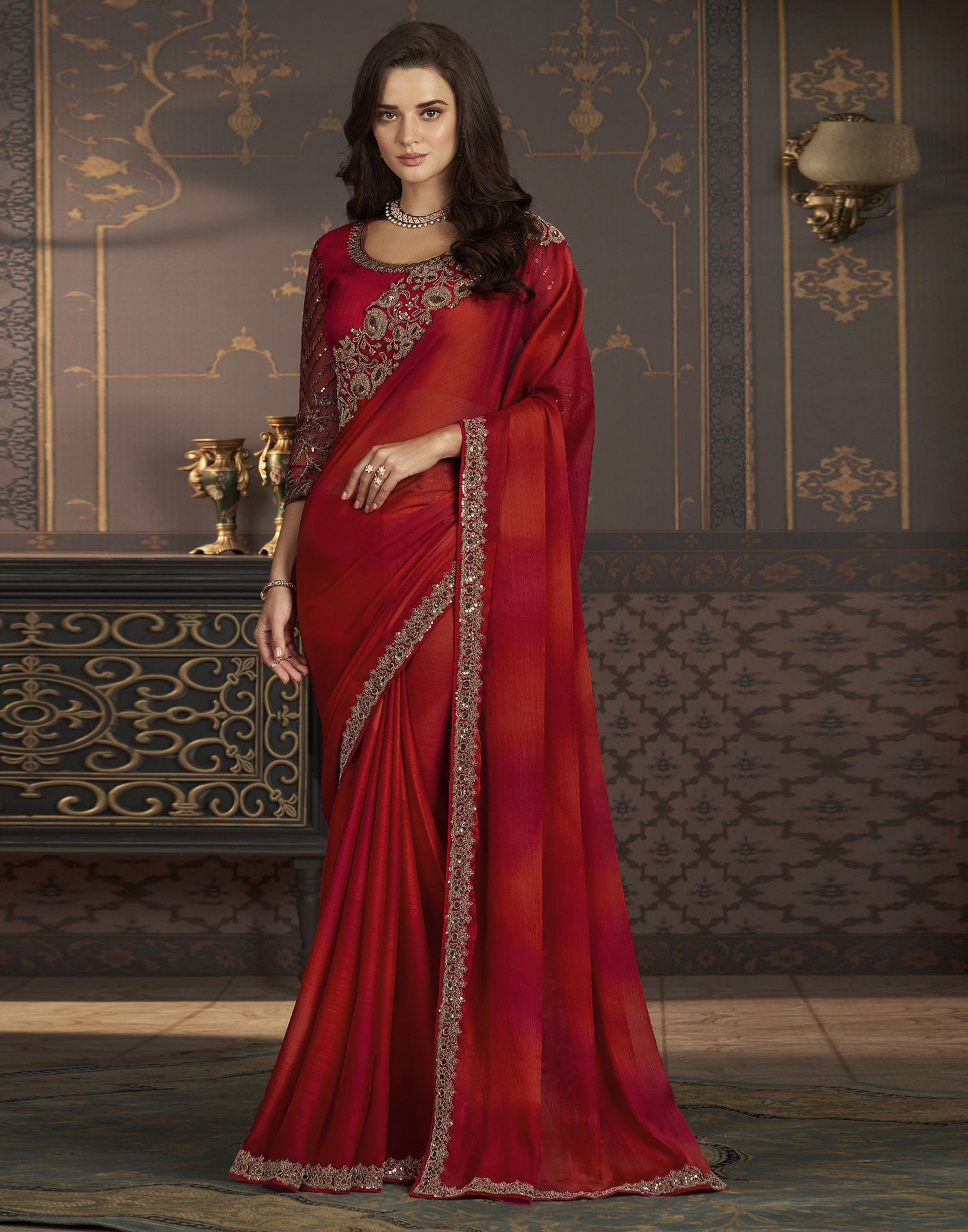 Red Chiffon Printed Saree