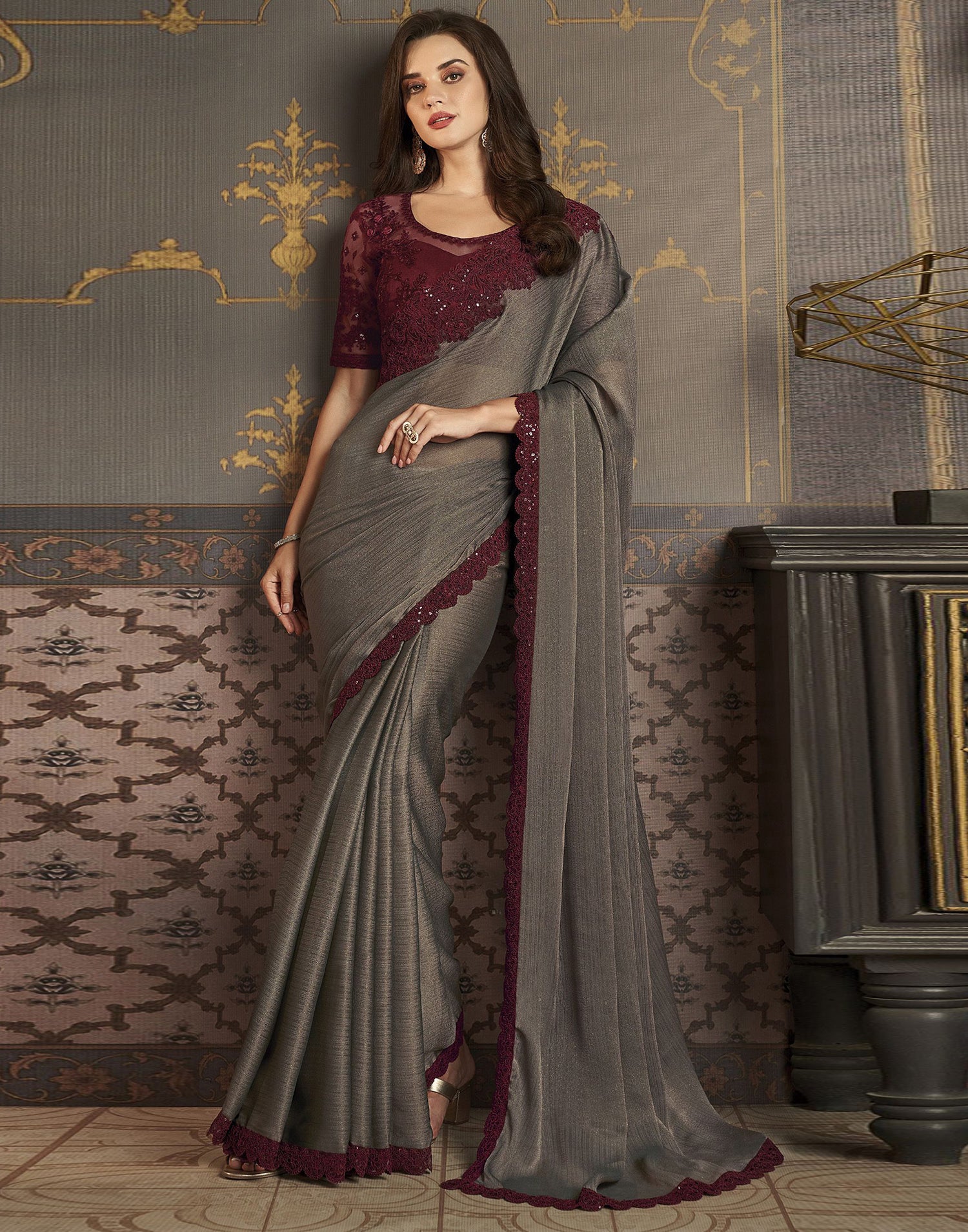 Brown Chiffon Plain Saree