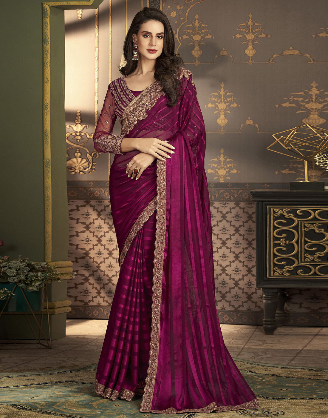 Wine Chiffon Plain Saree