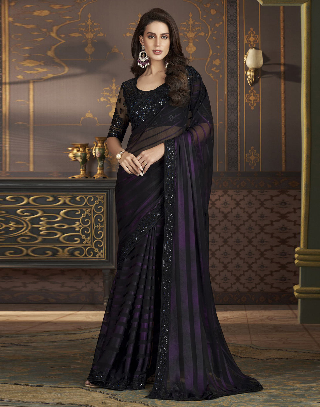 Black &amp; Wien Chiffon Plain Saree