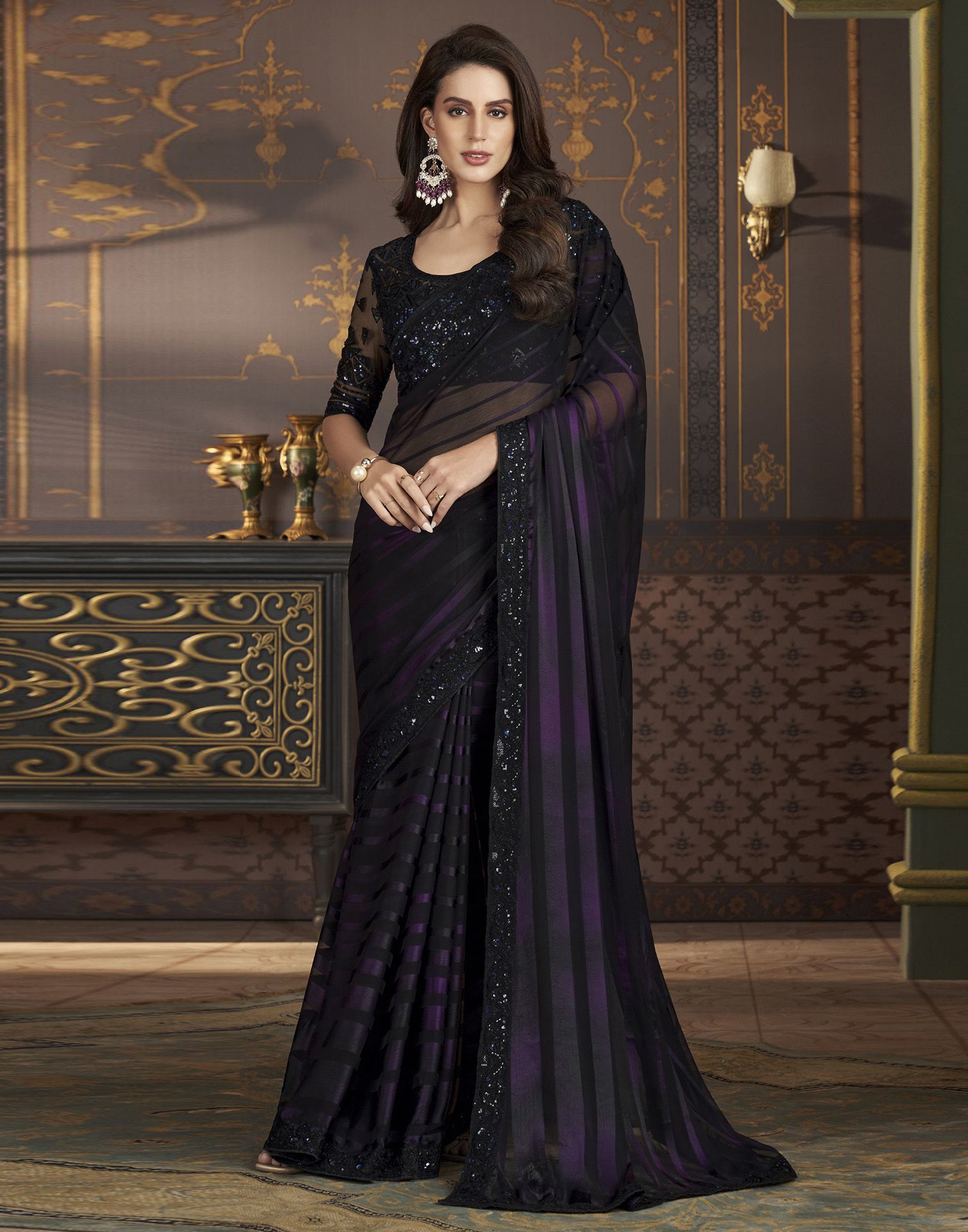 Black &amp; Wien Chiffon Plain Saree