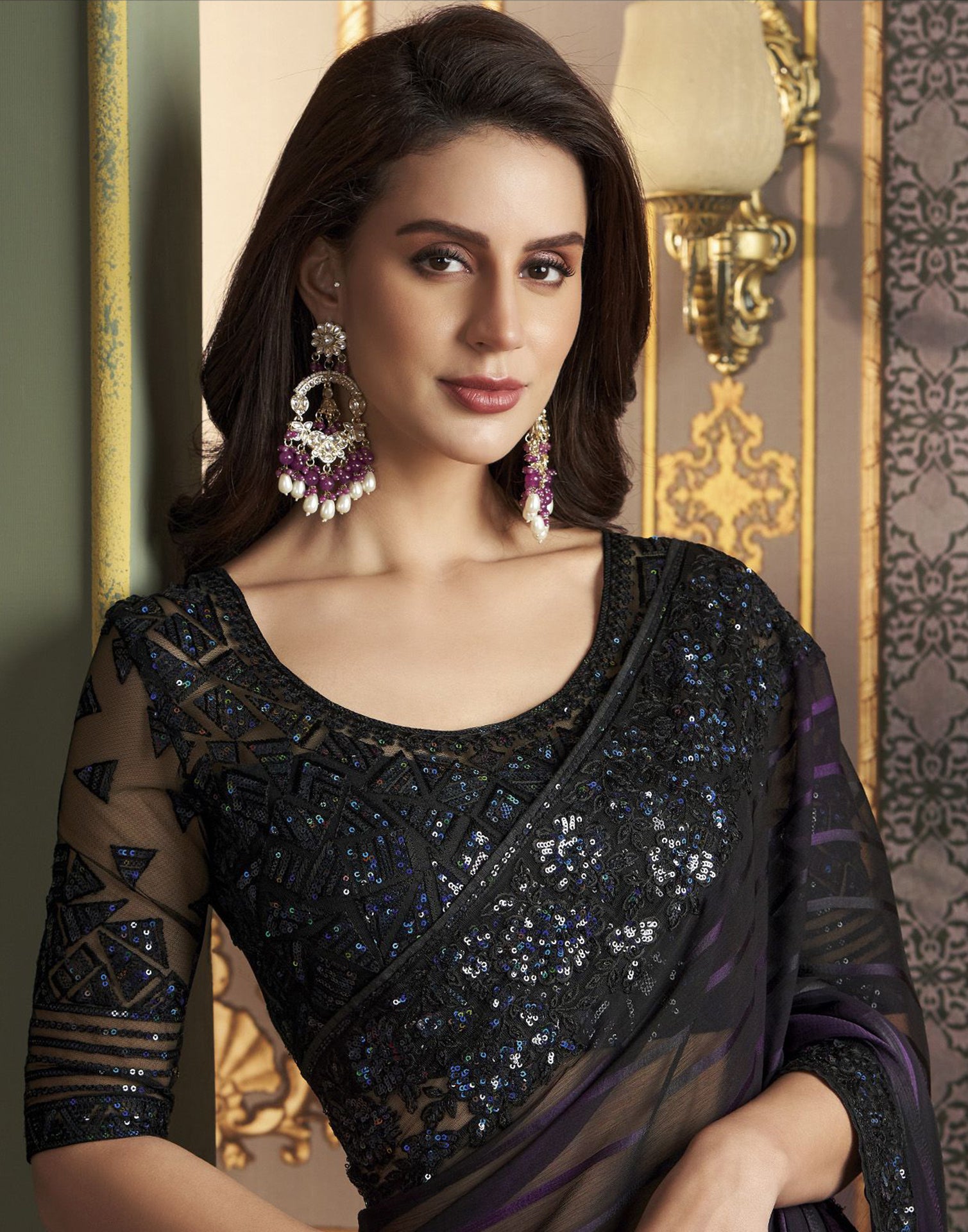 Black &amp; Wien Chiffon Plain Saree