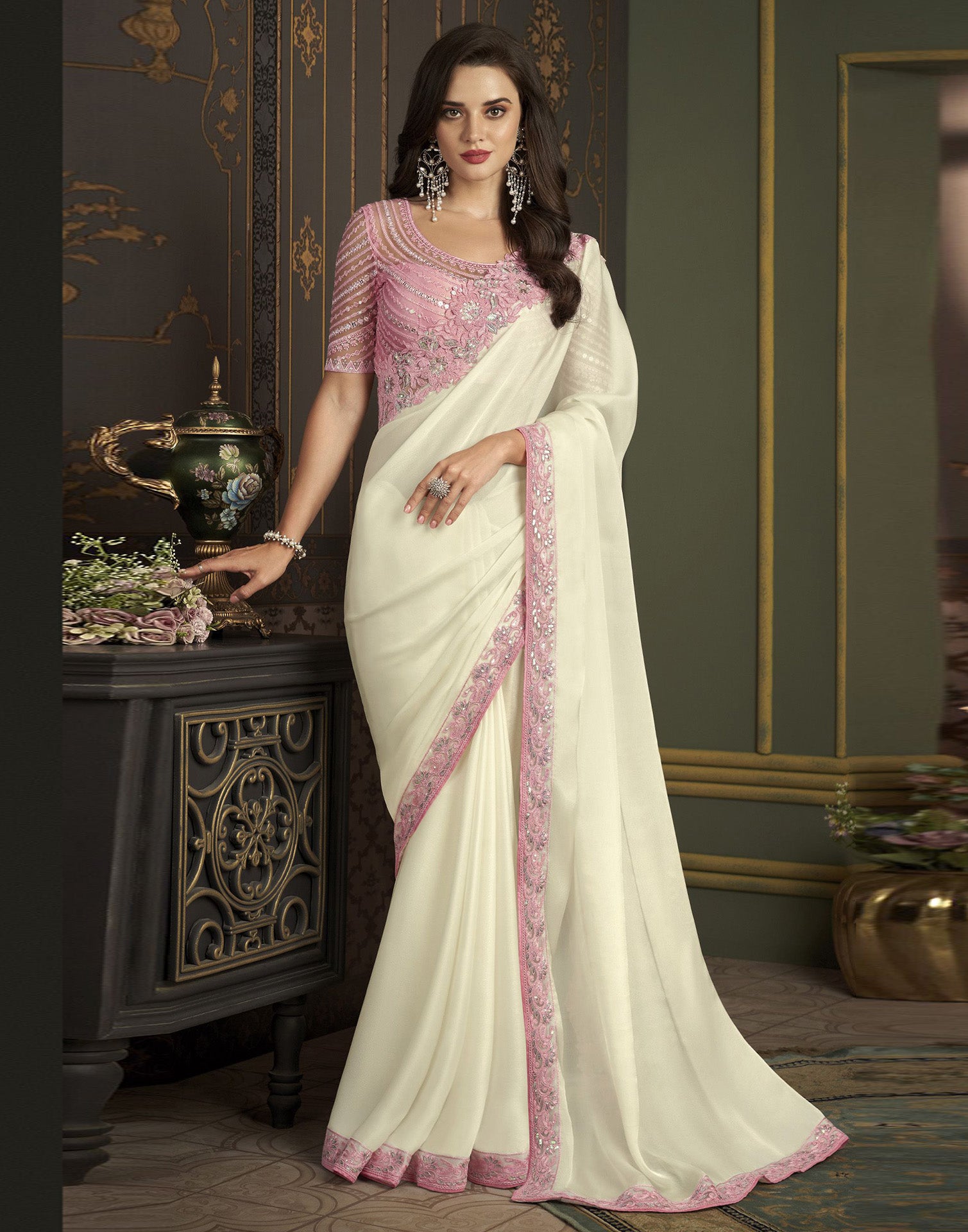 Off white chiffon saree best sale