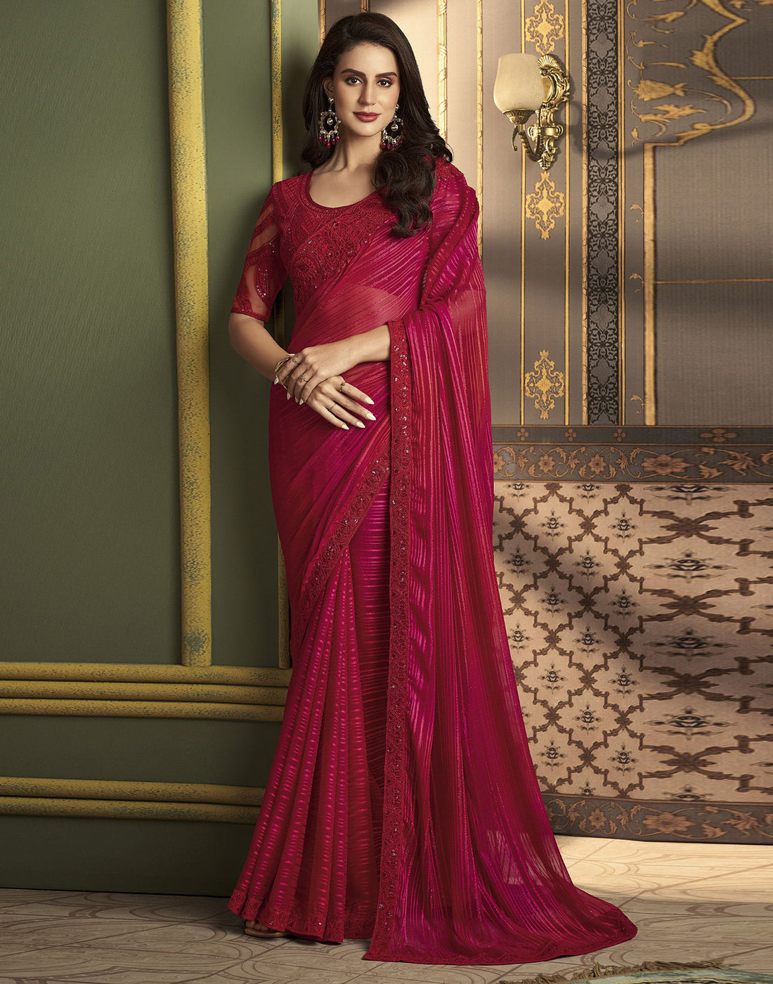 Red Chiffon Printed Saree