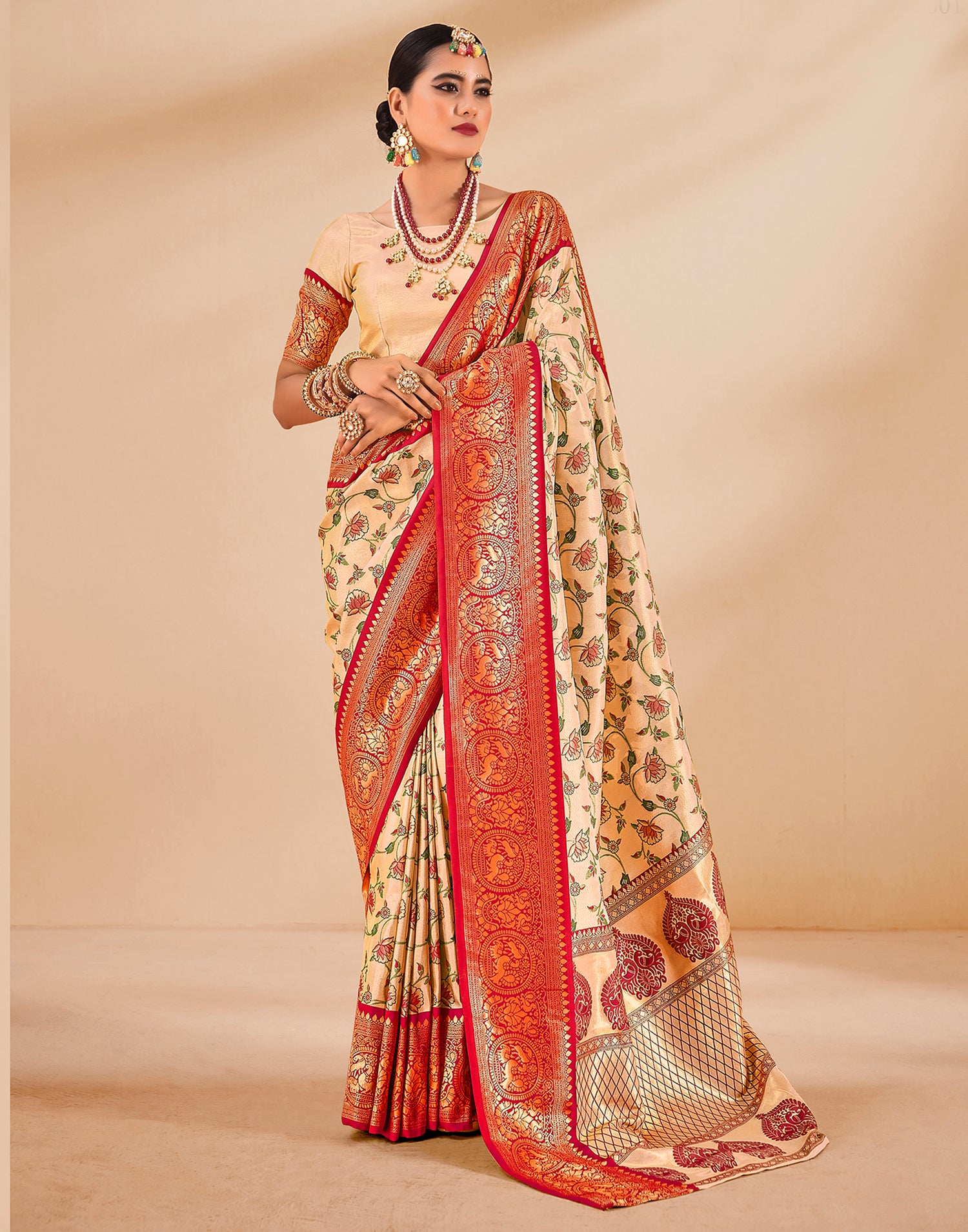 Gold &amp; Peach Silk Weaving Saree