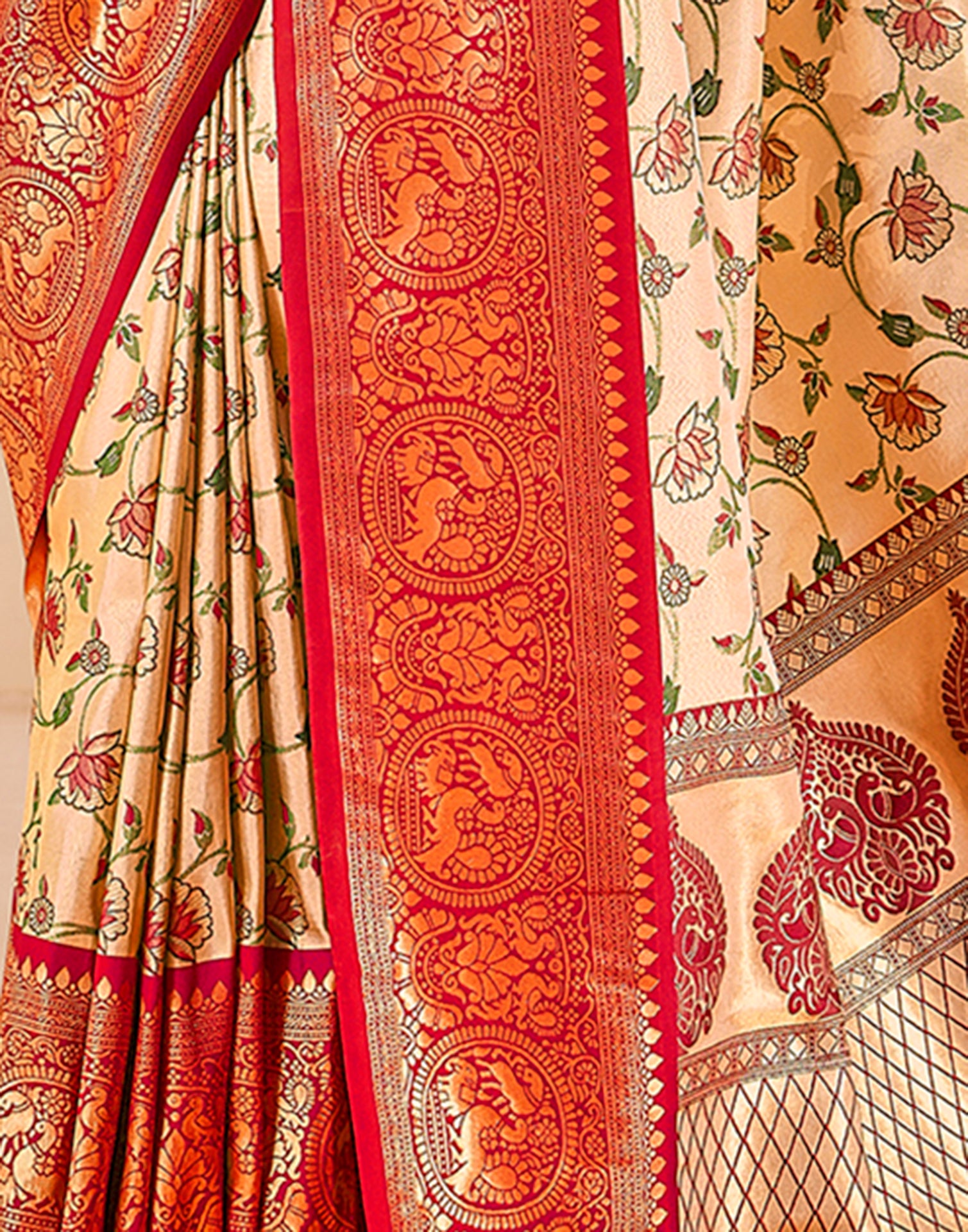 Gold &amp; Peach Silk Weaving Saree