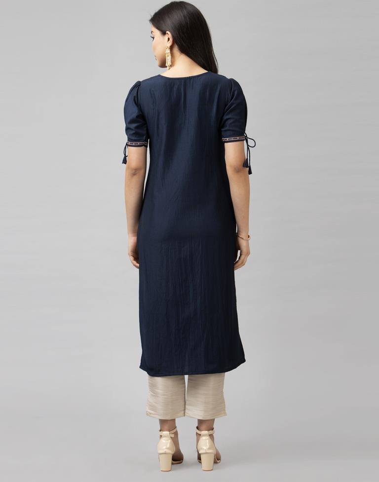 Rust Navy Blue Coloured Embroidered Patch Chinon Kurti | Sudathi