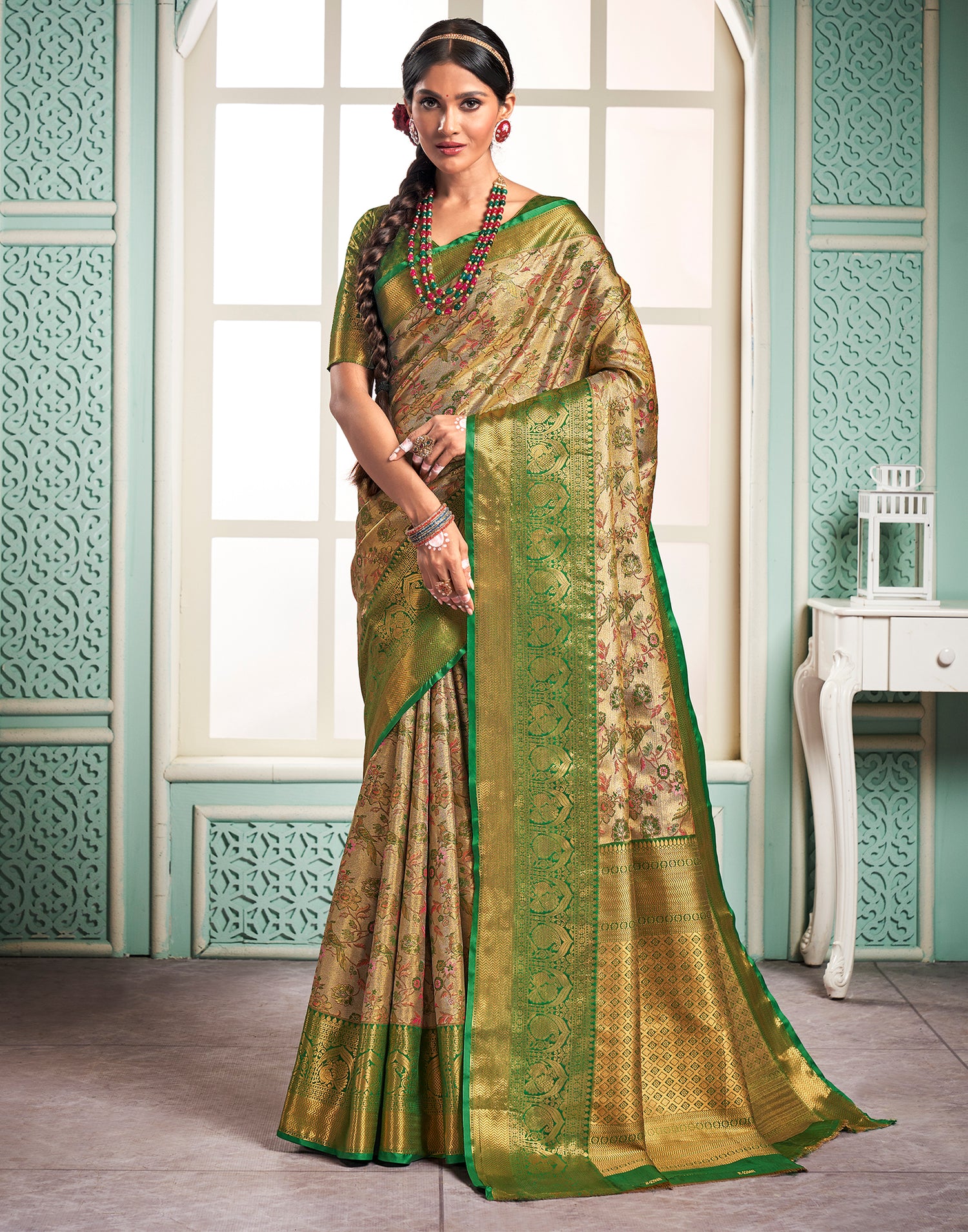 Gold &amp; Light Green Silk Weaving Saree