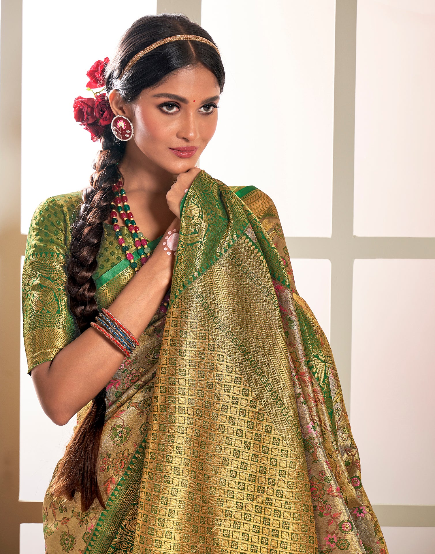 Gold &amp; Light Green Silk Weaving Saree