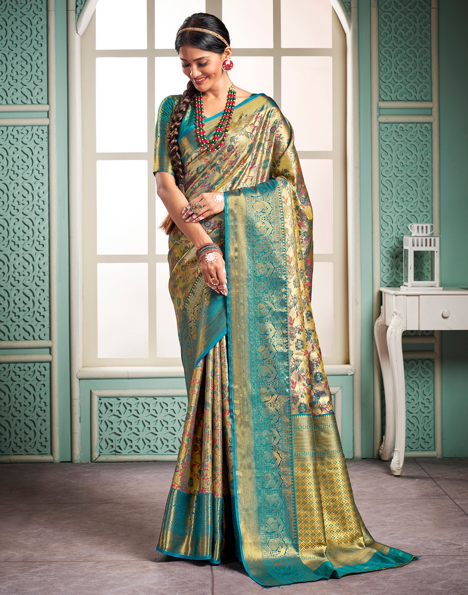 Gold &amp; Green Silk Weaving Saree