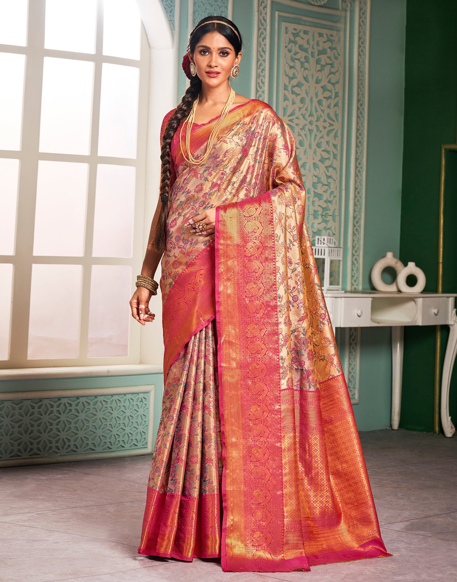 Gold &amp; Multicoloured Silk Weaving Saree