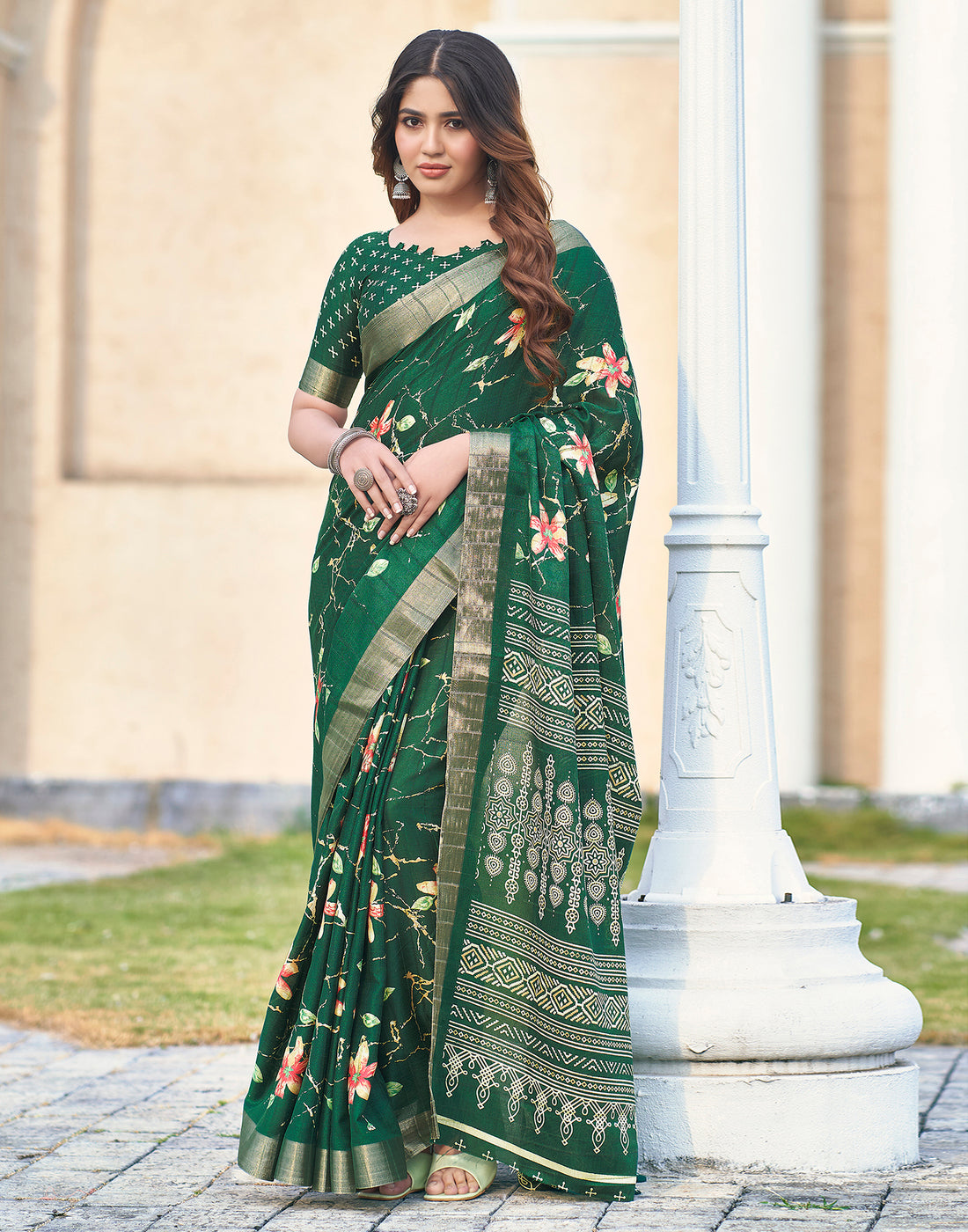 Bottle Green Silk Printed Saree