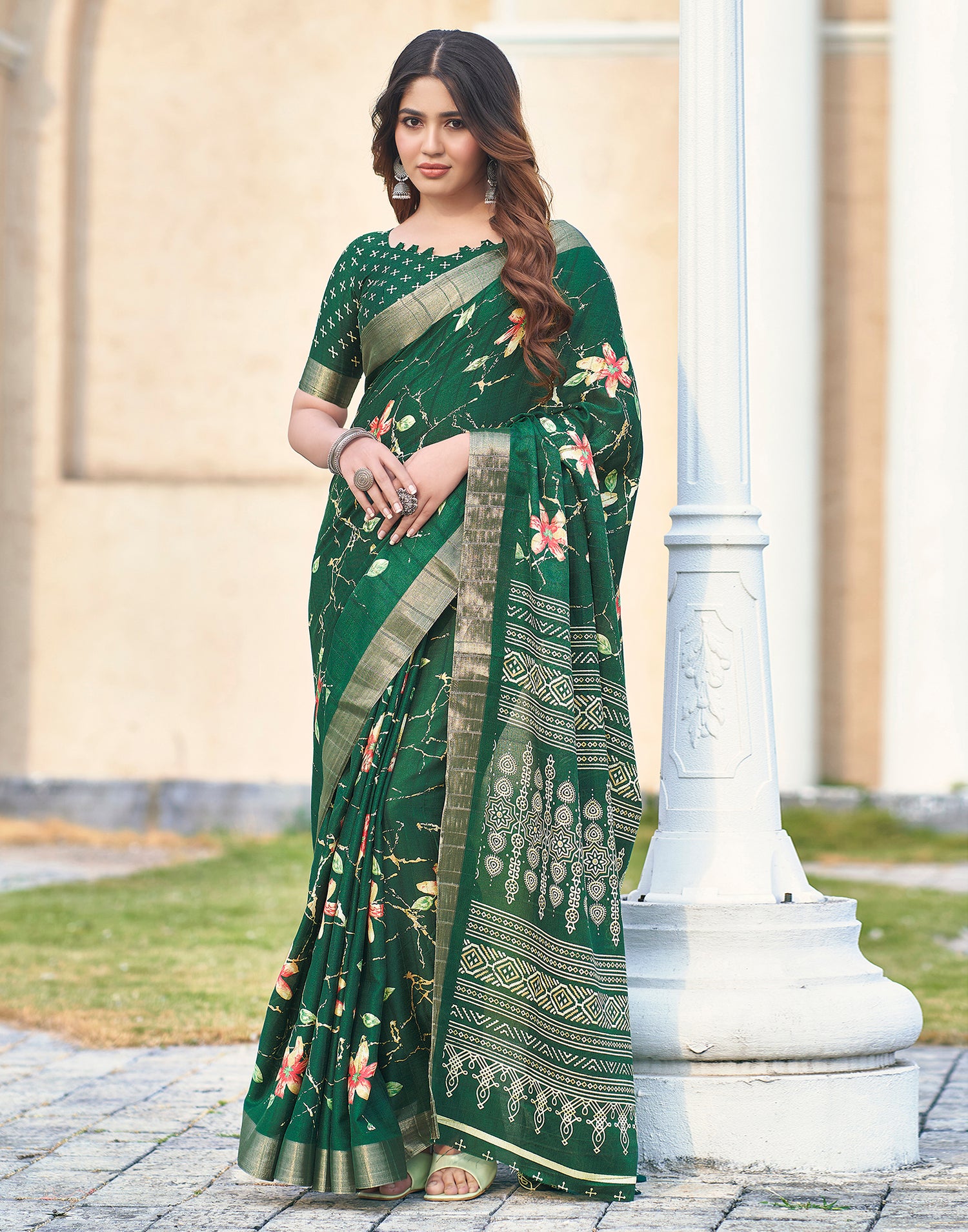 Bottle Green Silk Printed Saree