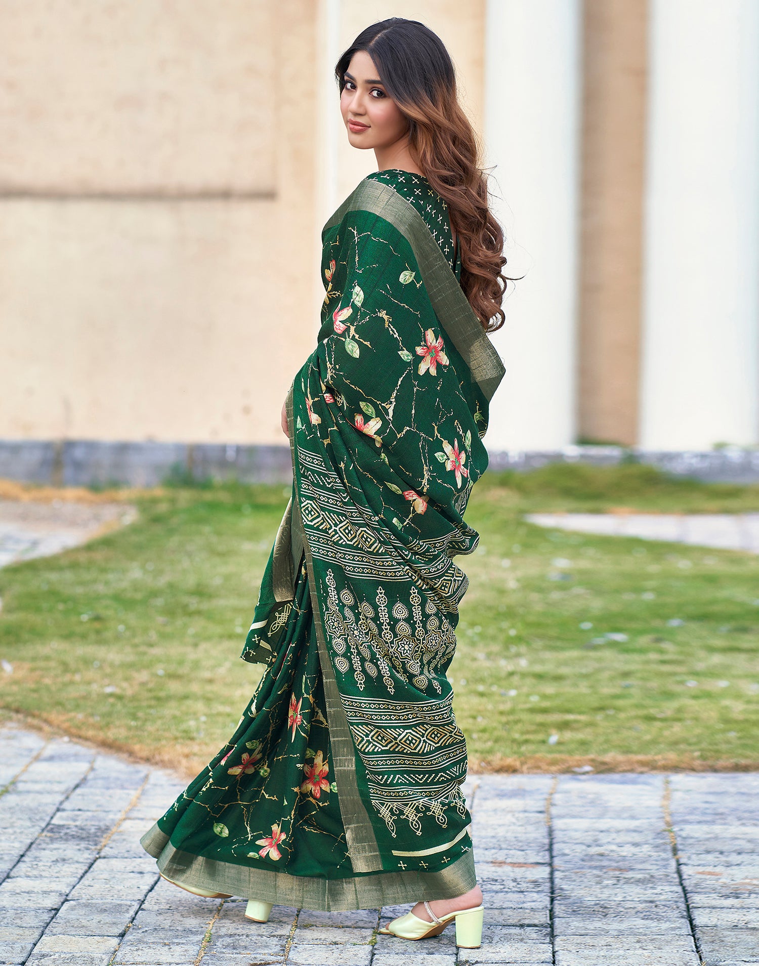 Bottle Green Silk Printed Saree