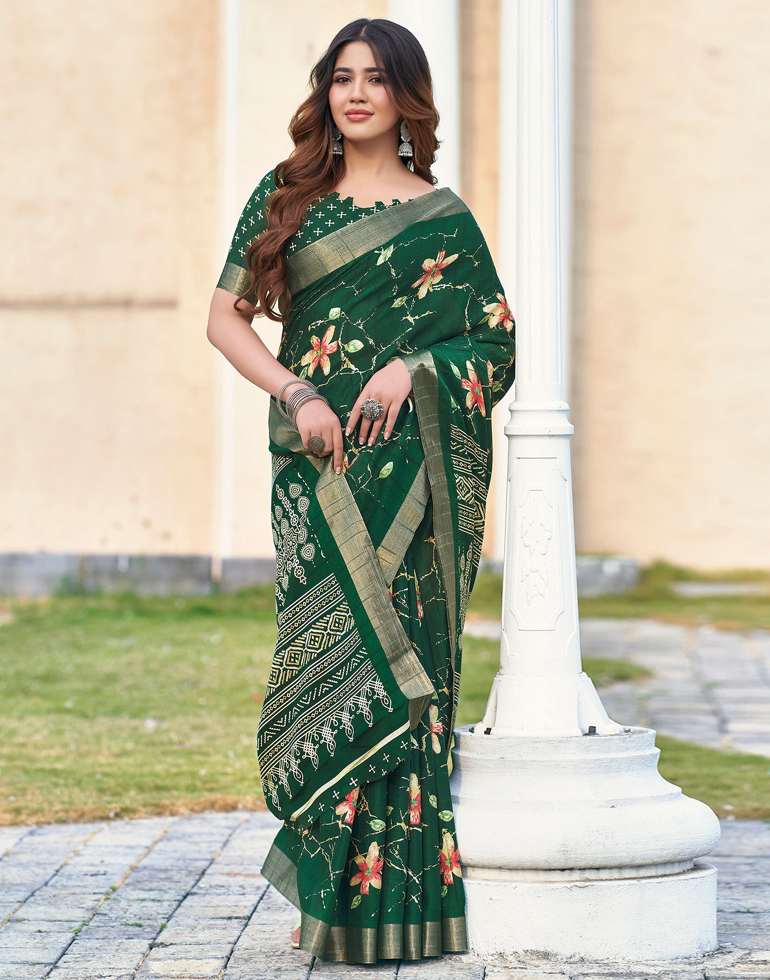 Bottle Green Silk Printed Saree