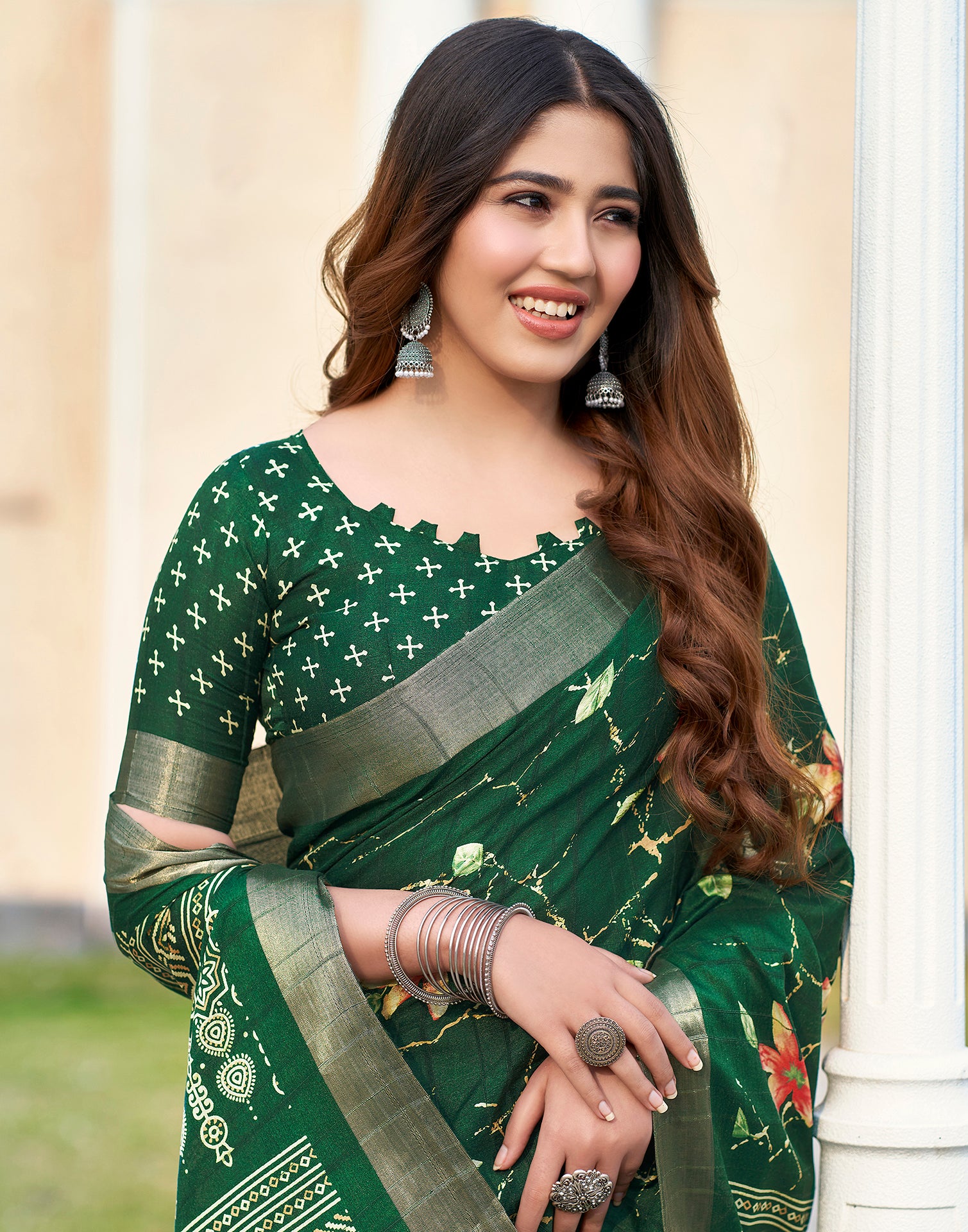 Bottle Green Silk Printed Saree