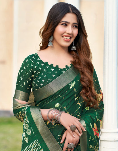 Bottle Green Silk Printed Saree