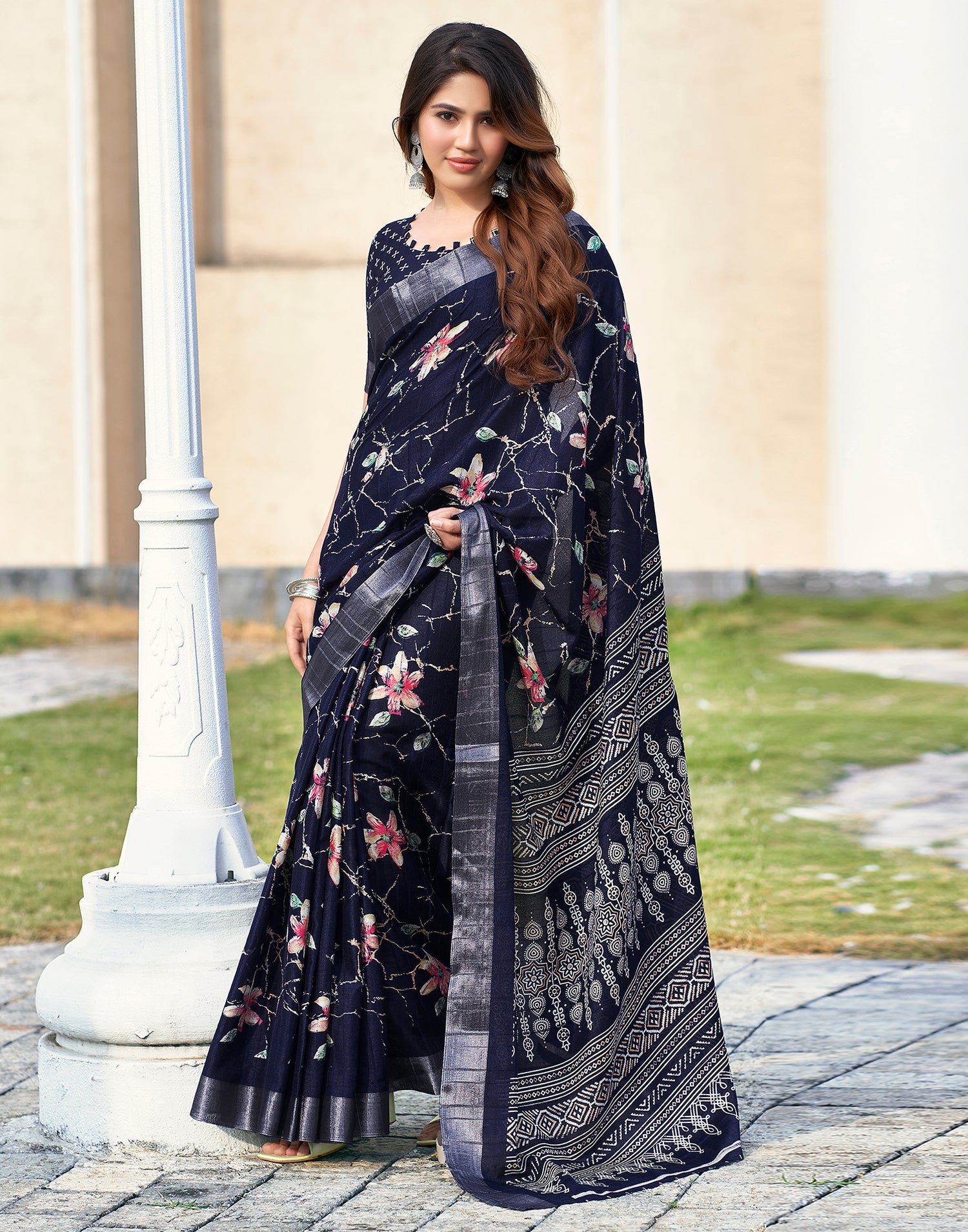 Navy Blue Silk Printed Saree