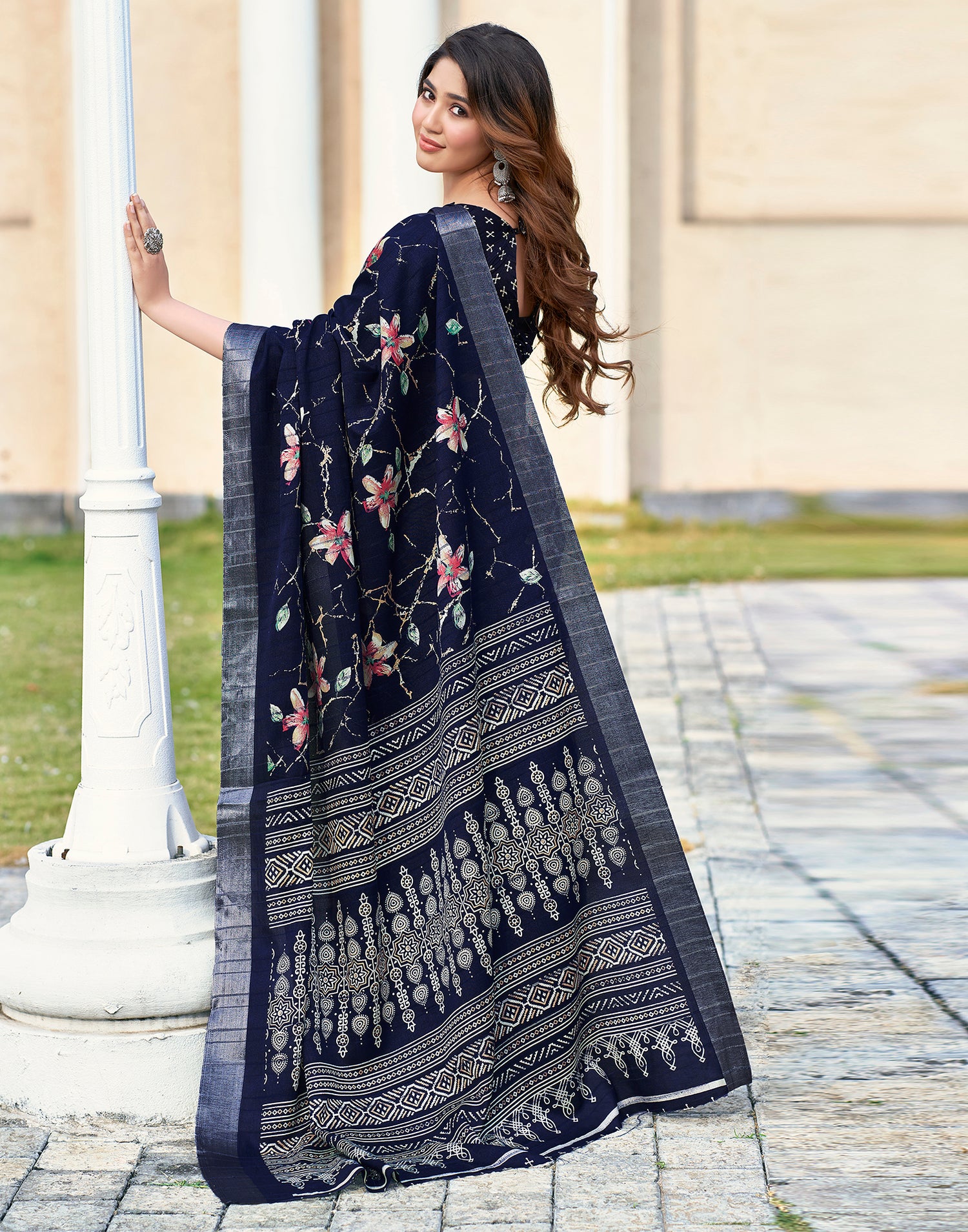 Navy Blue Silk Printed Saree