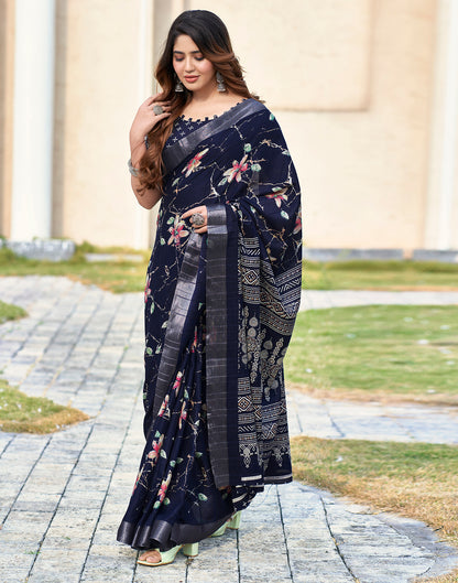 Navy Blue Silk Printed Saree