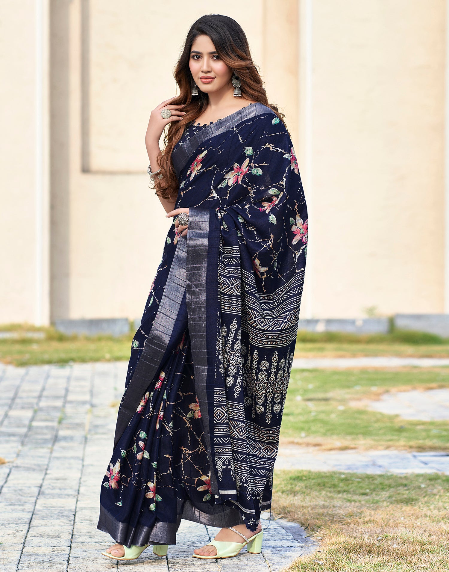 Navy Blue Silk Printed Saree