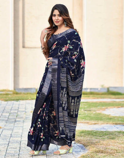 Navy Blue Silk Printed Saree