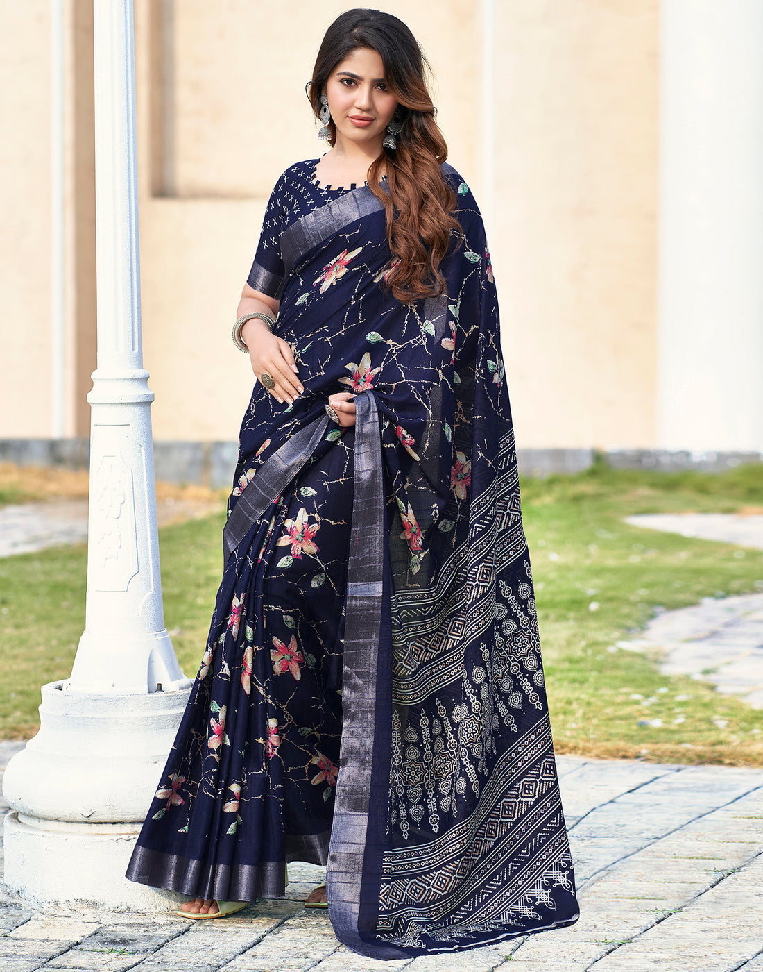 Navy Blue Silk Printed Saree