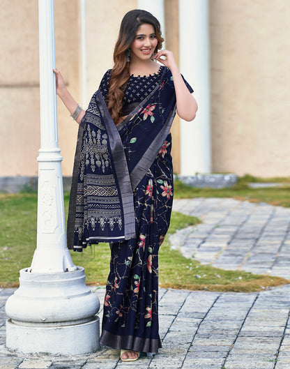 Navy Blue Silk Printed Saree