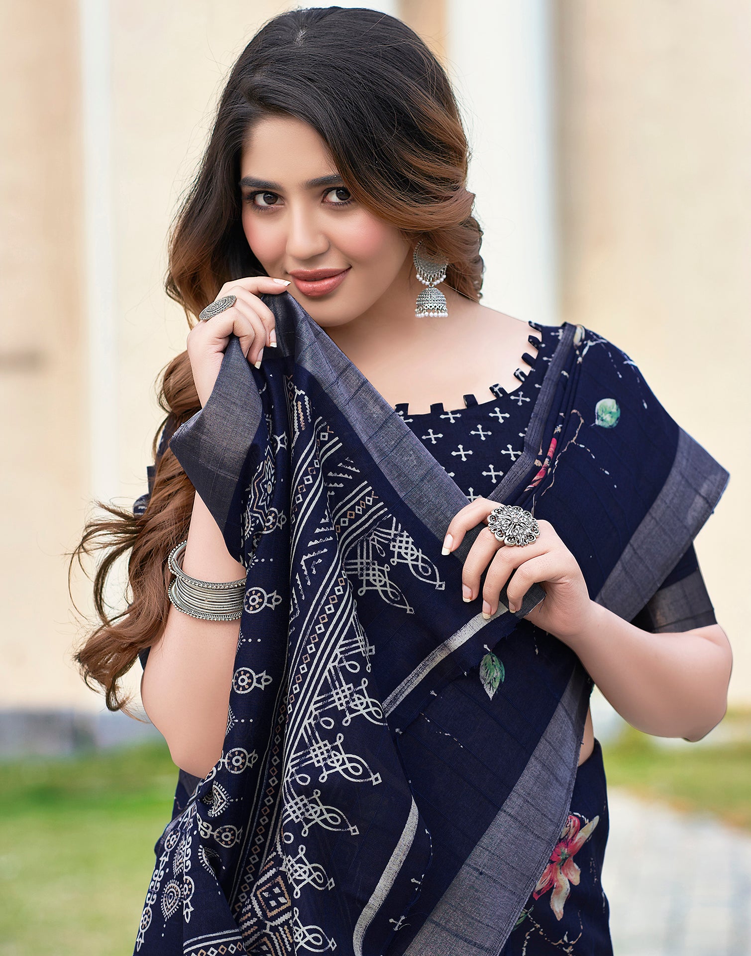 Navy Blue Silk Printed Saree