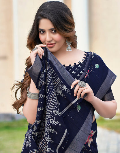 Navy Blue Silk Printed Saree