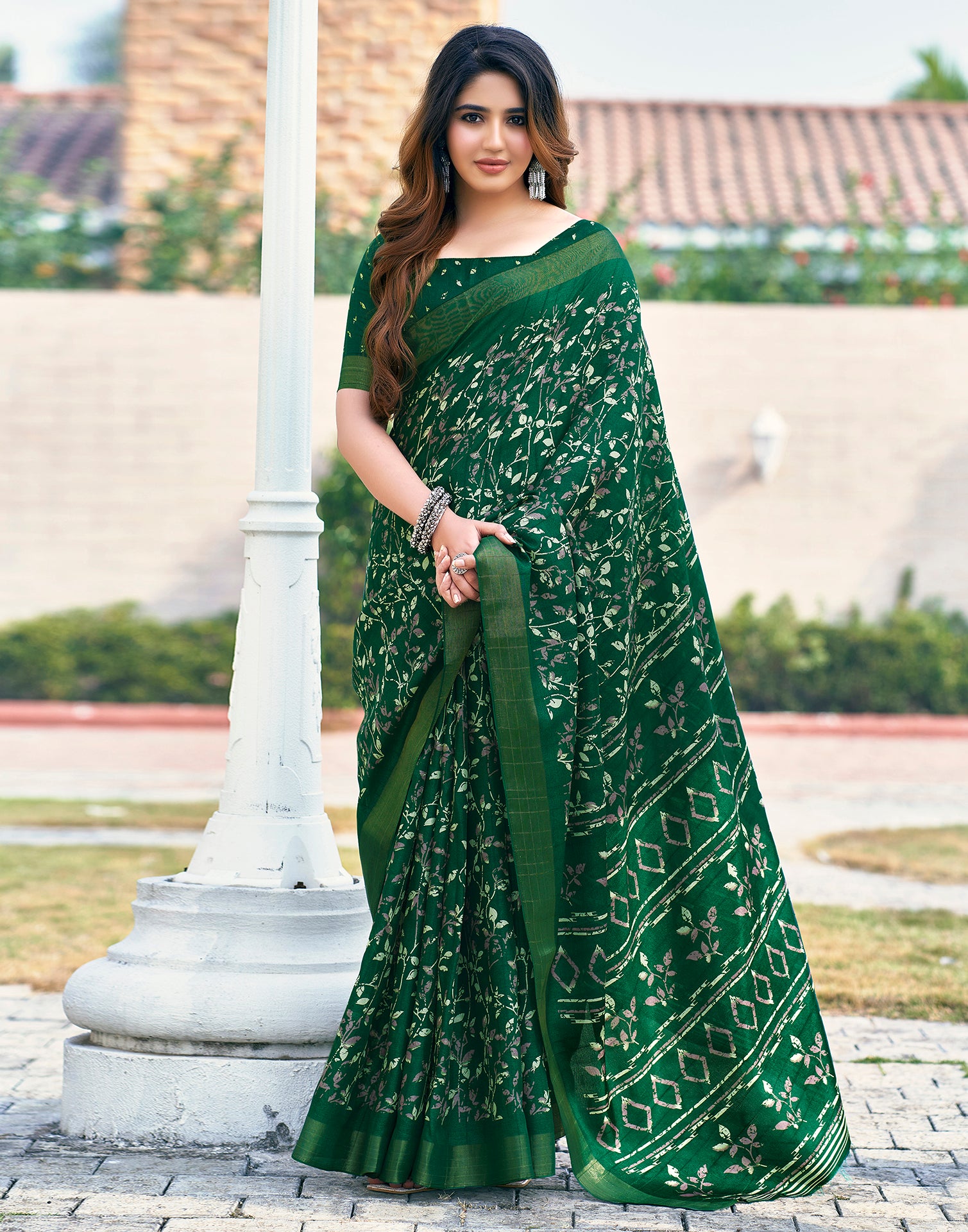 Bottle Green Silk Printed Saree