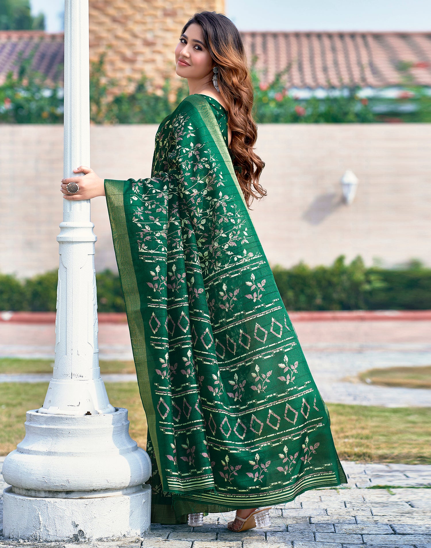 Bottle Green Silk Printed Saree