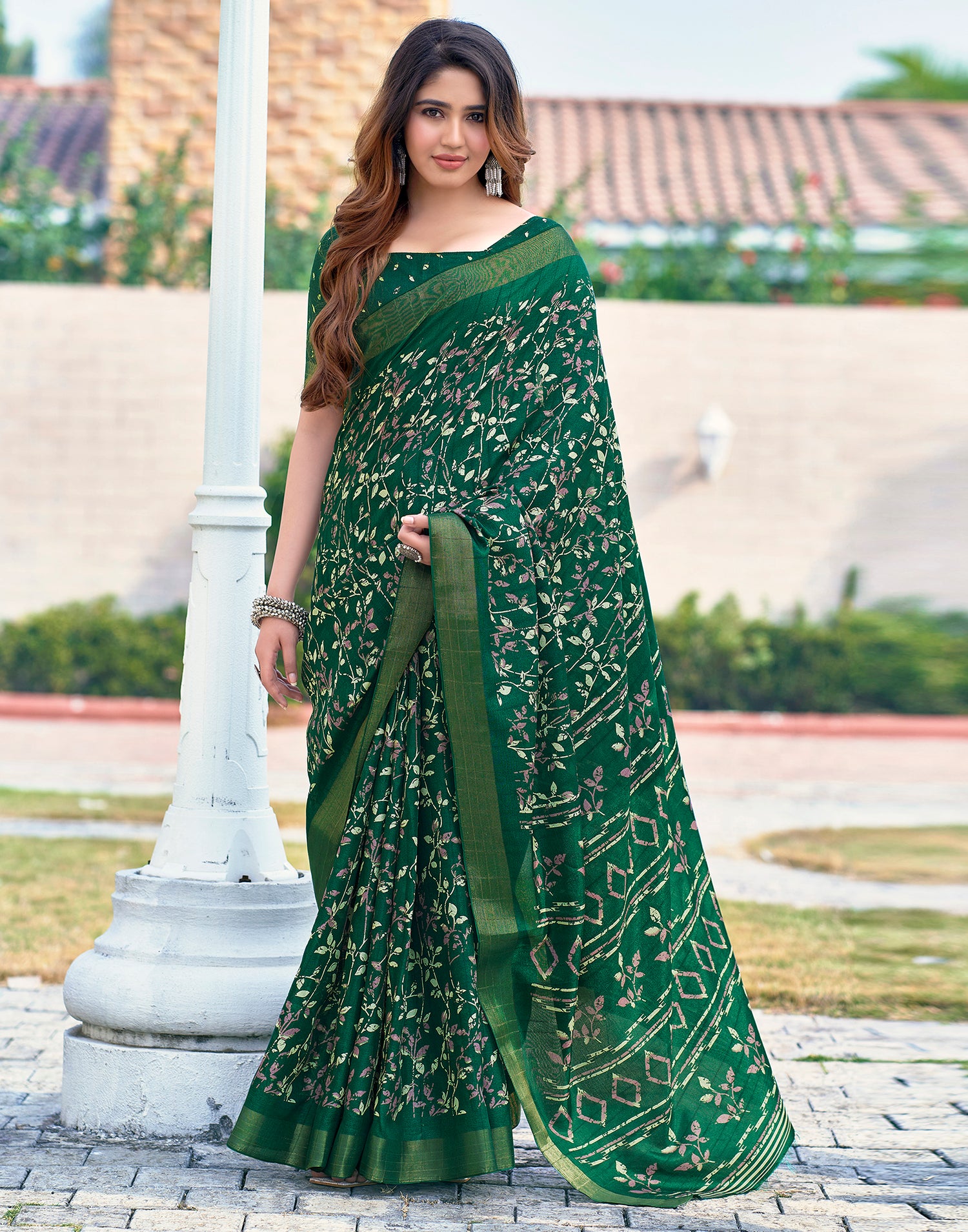 Bottle Green Silk Printed Saree