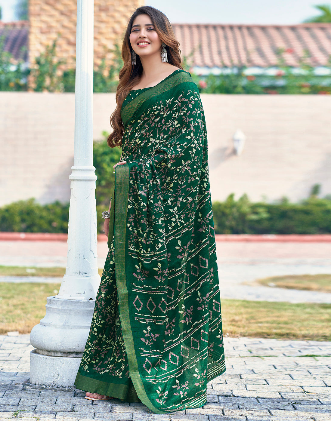 Bottle Green Silk Printed Saree