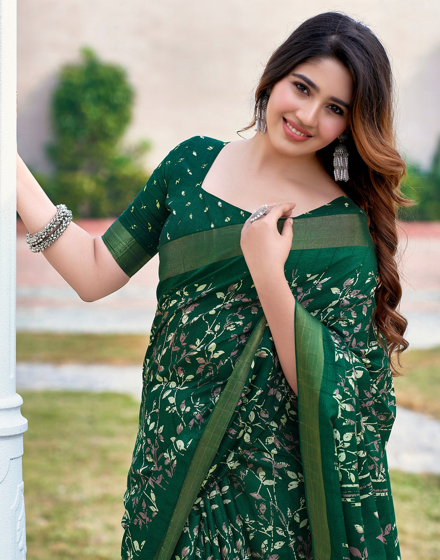 Bottle Green Silk Printed Saree