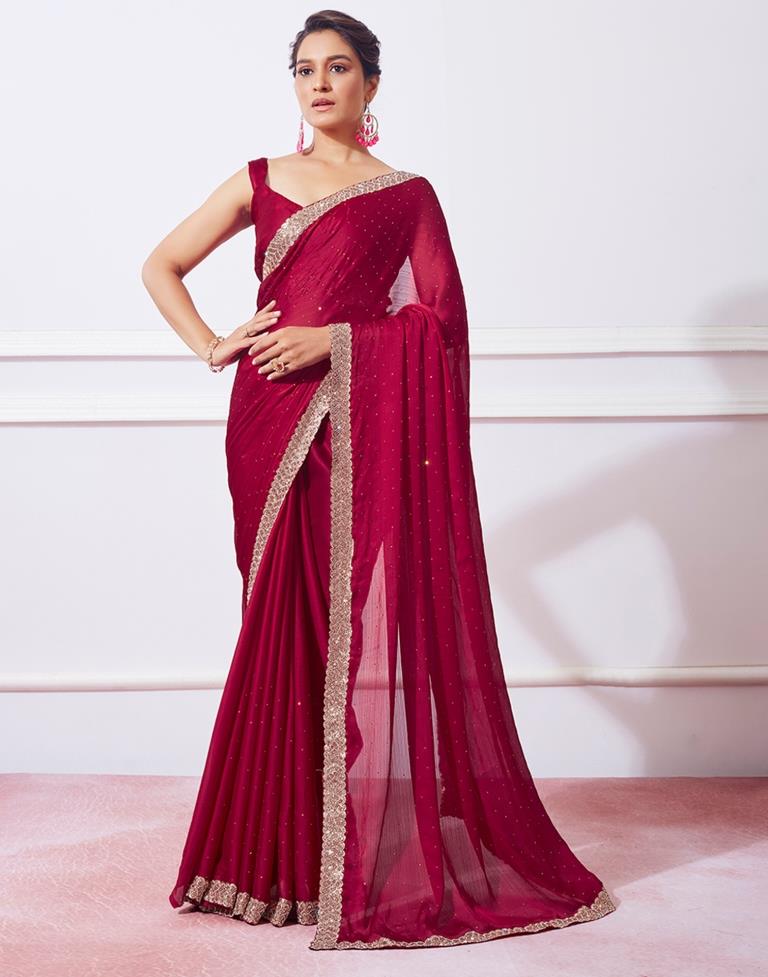 Red Satin Plain Saree