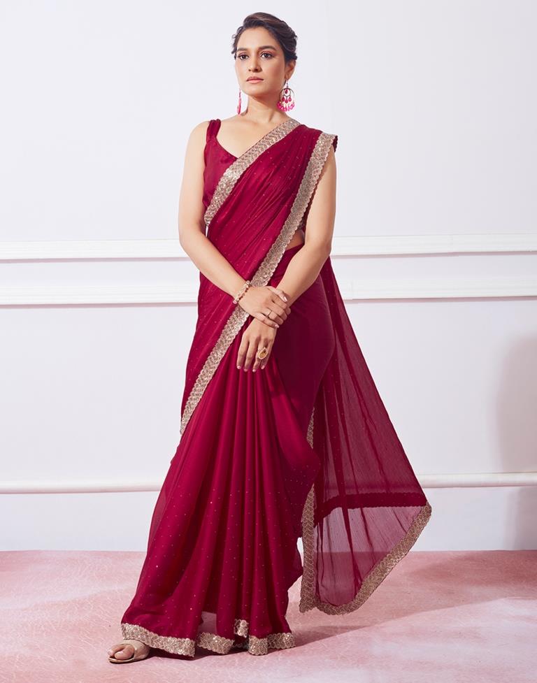 Red Satin Plain Saree