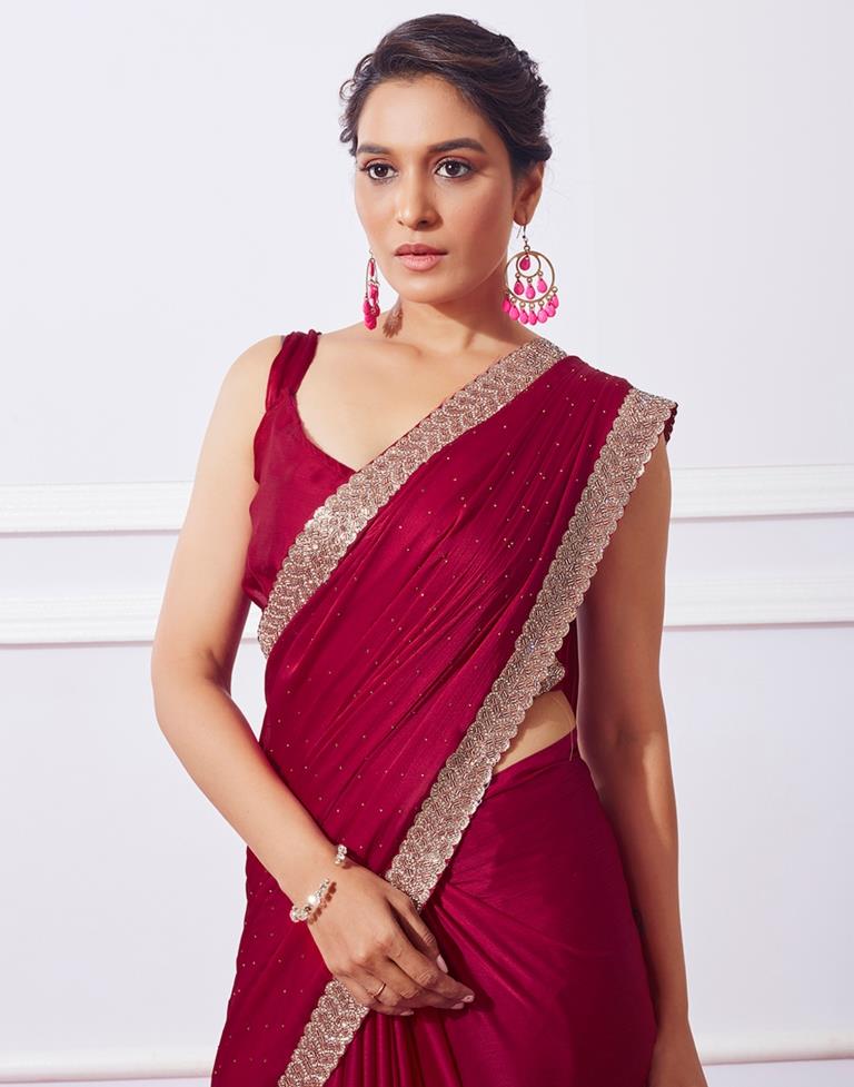 Red Satin Plain Saree