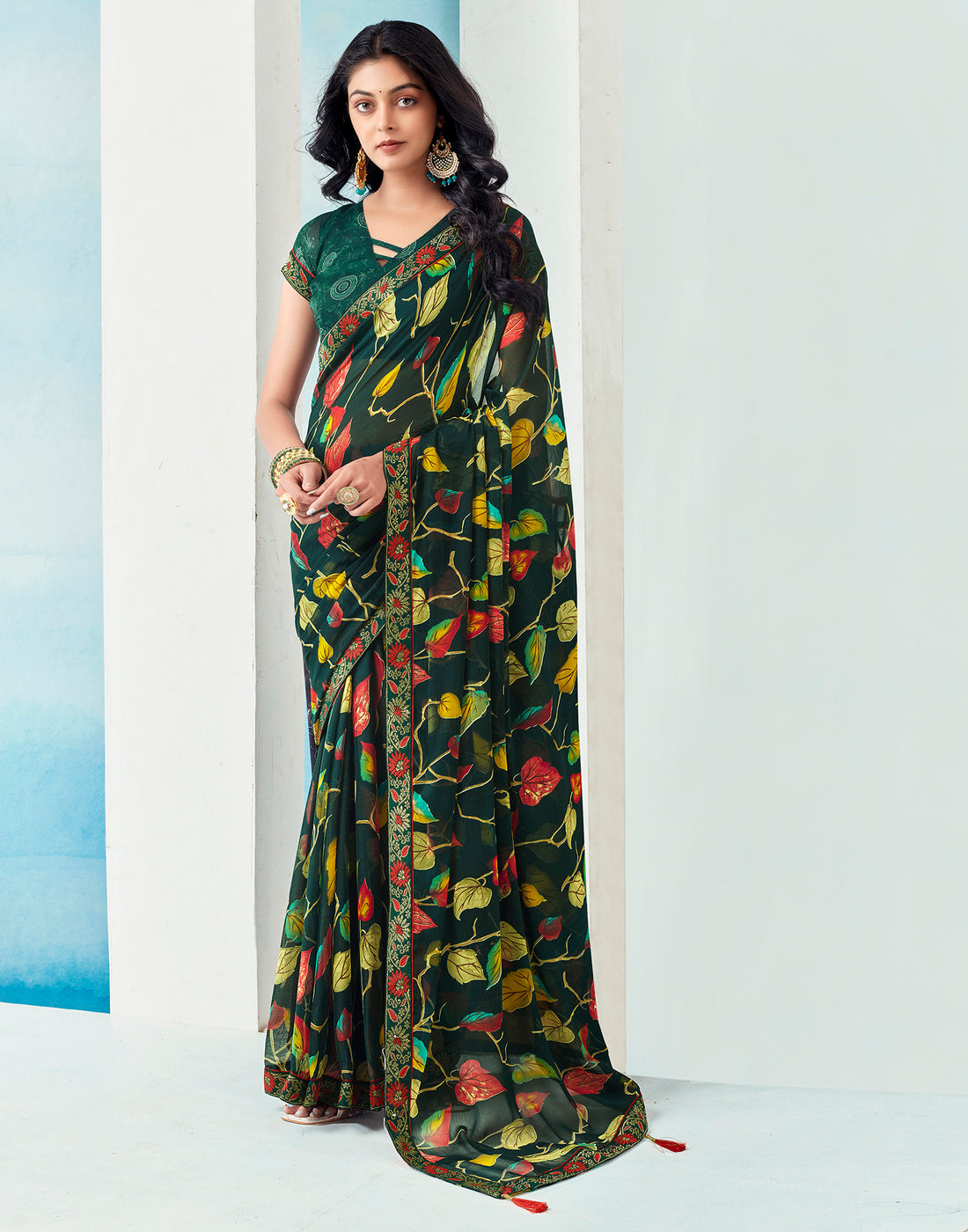 Dark Green Chiffon Printed Saree